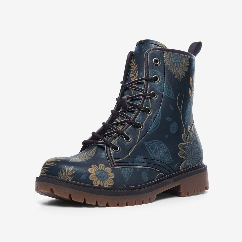 Cottagecore Combat Boots featuring floral patterns and natural tones, made from 100% vegan materials, perfect for eco-conscious, countryside-inspired fashion.