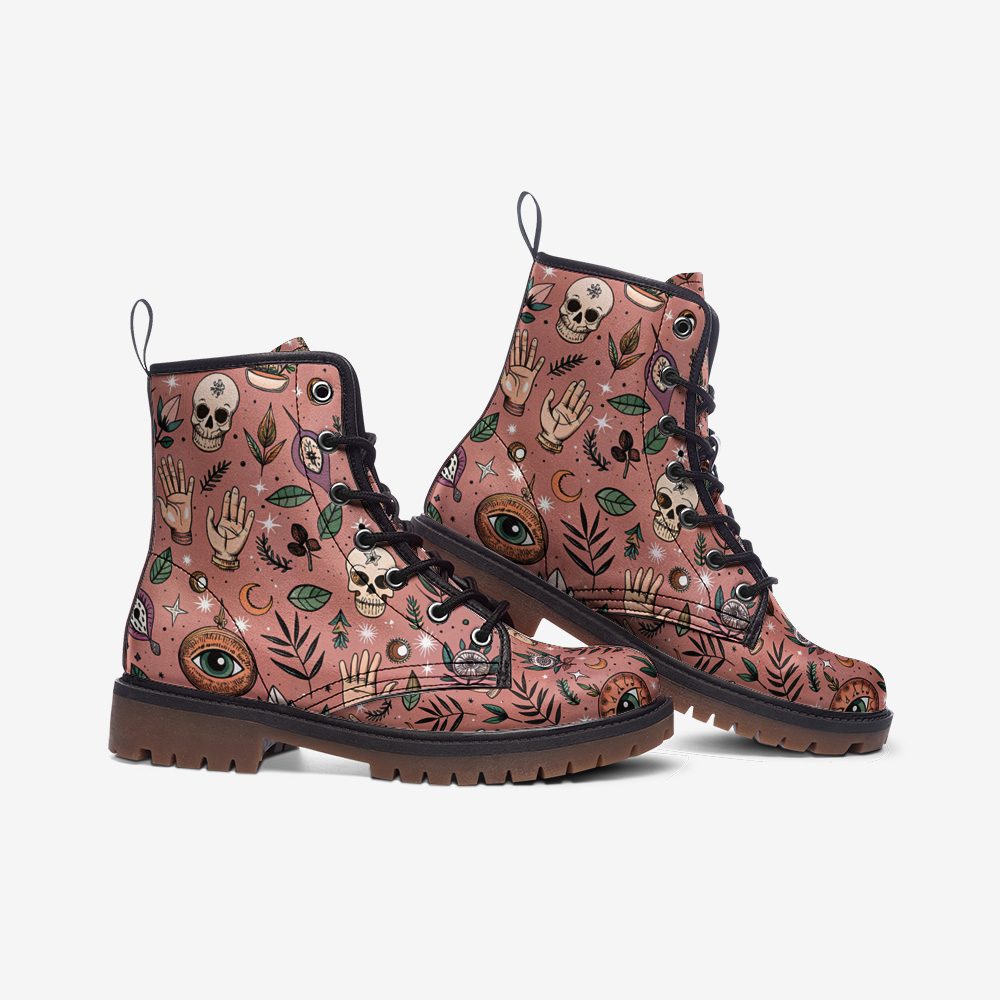 Mystic Eye Vegan Combat Boots – Pink Occult Print