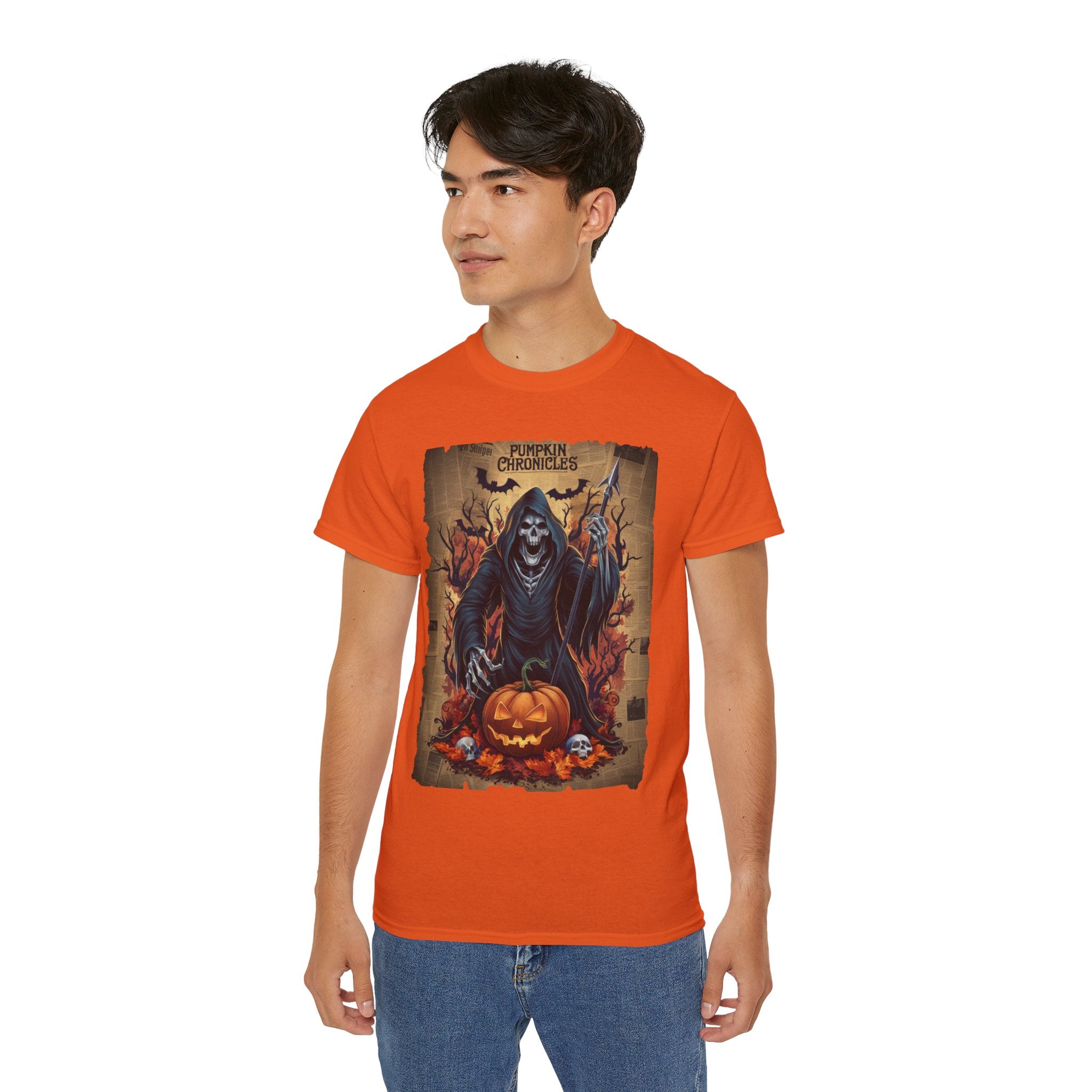 Pumpkin Chronicles Grim Reaper T-Shirt – Halloween Scythe & Pumpkin Skull Design