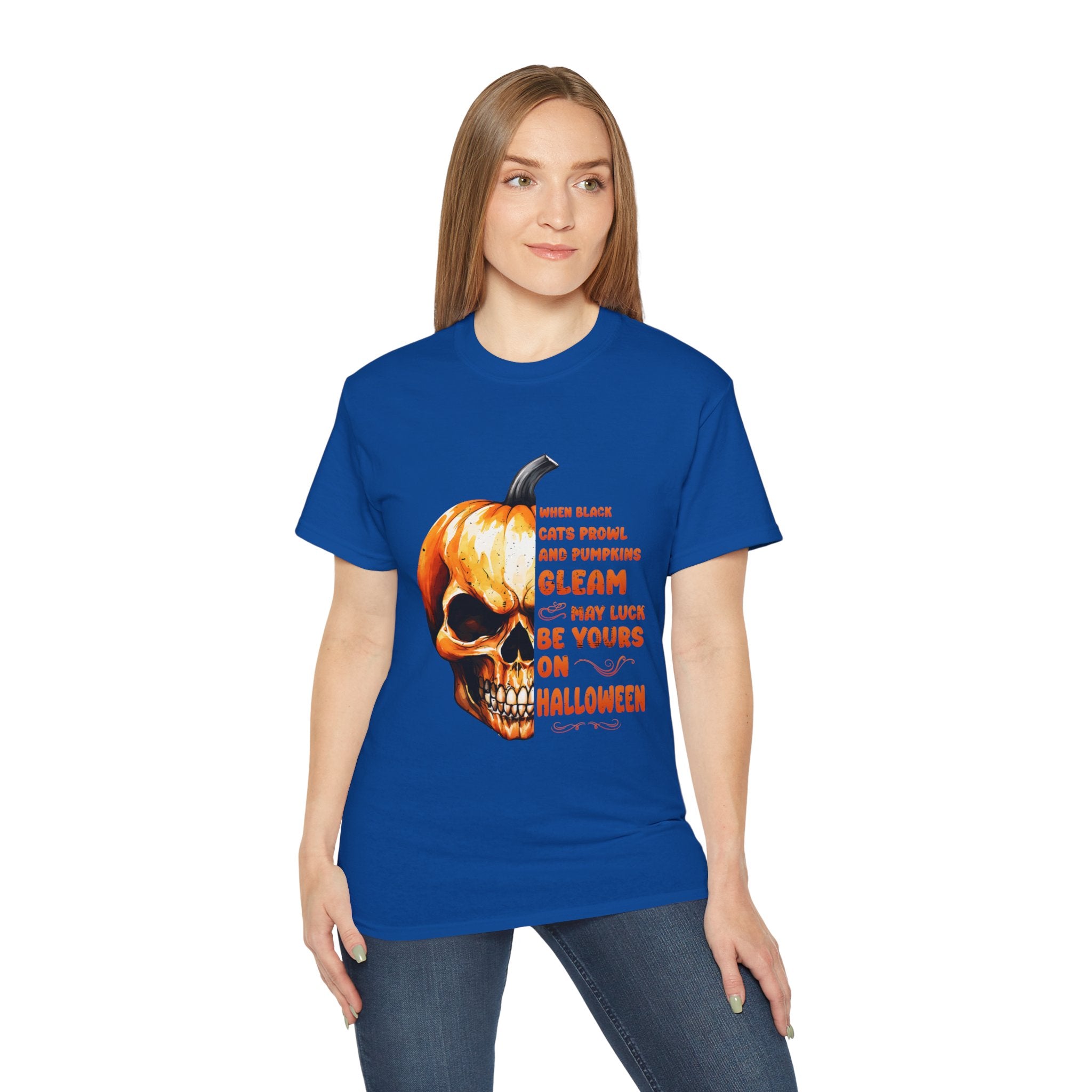 Pumpkin Skull Halloween T-Shirt – Spooky Skull and Pumpkin Half Design