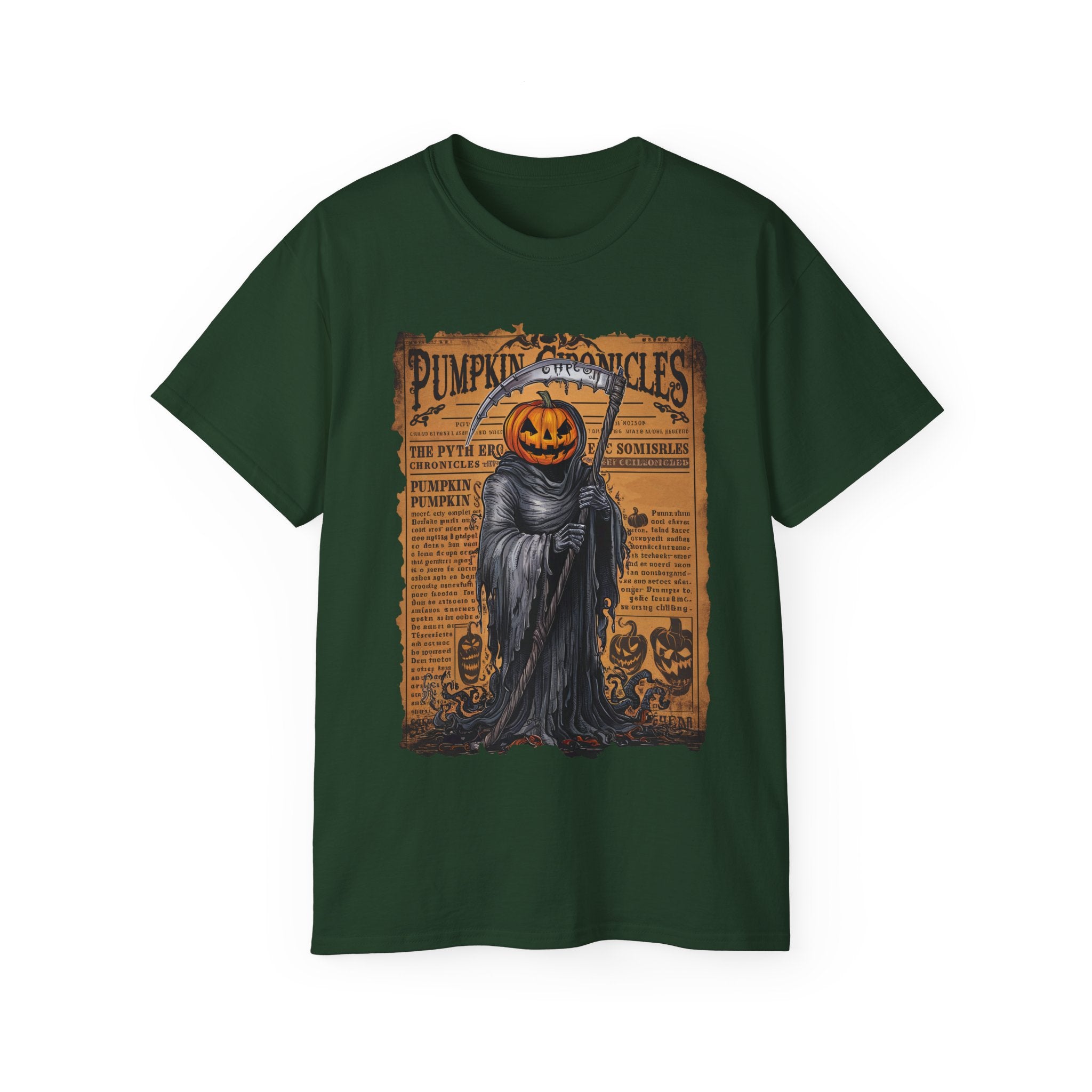 Pumpkin Chronicles Grim Reaper T-Shirt – Halloween Pumpkin Head Scythe Design