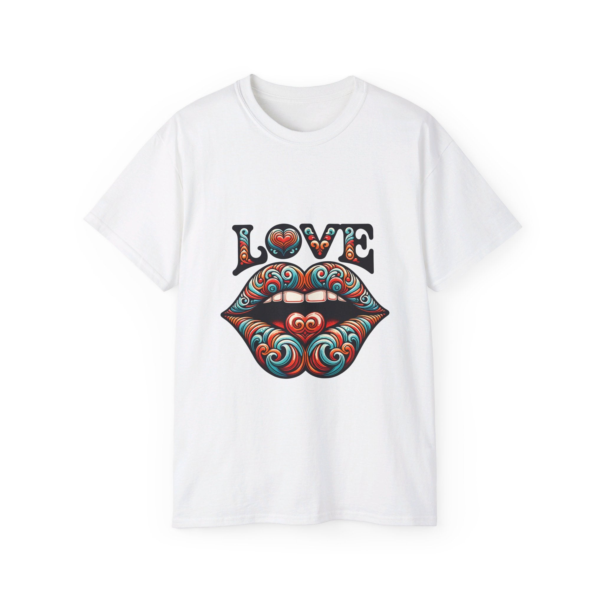 T-shirt hippie, maglietta Love Heart blu e rossa