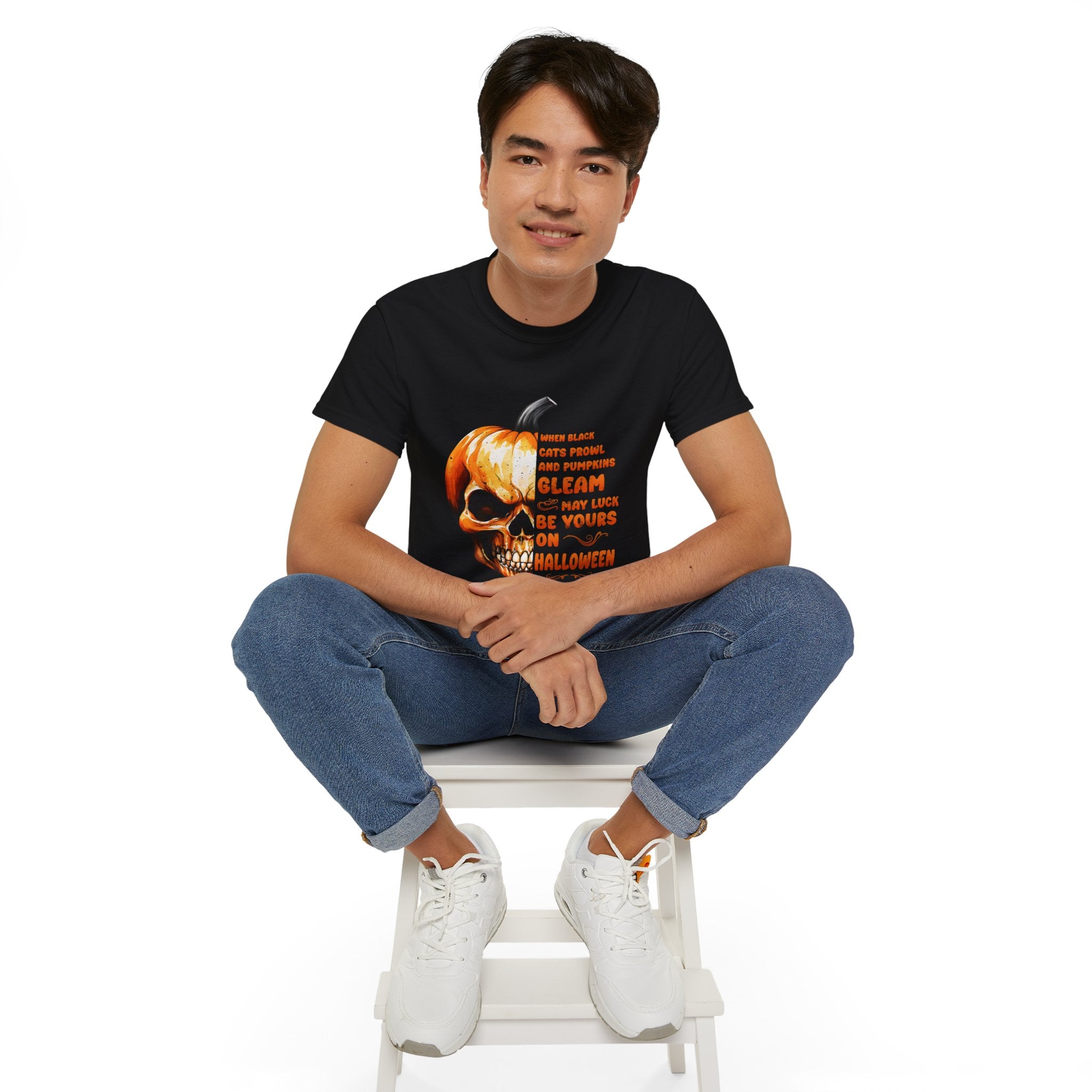 Pumpkin Skull Halloween T-Shirt – Spooky Skull and Pumpkin Half Design