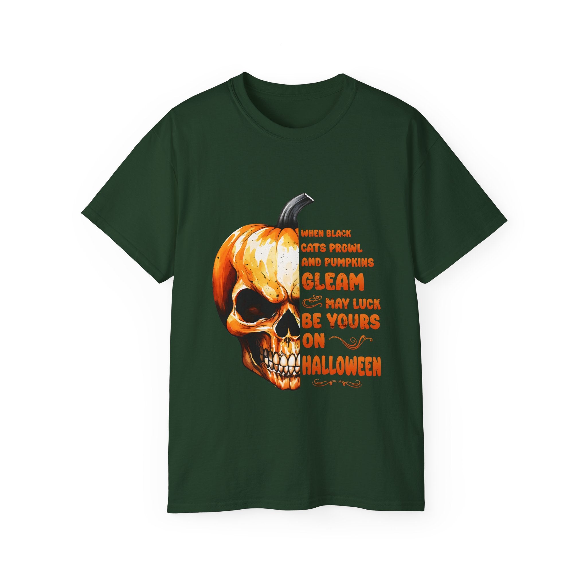 Pumpkin Skull Halloween T-Shirt – Spooky Skull and Pumpkin Half Design