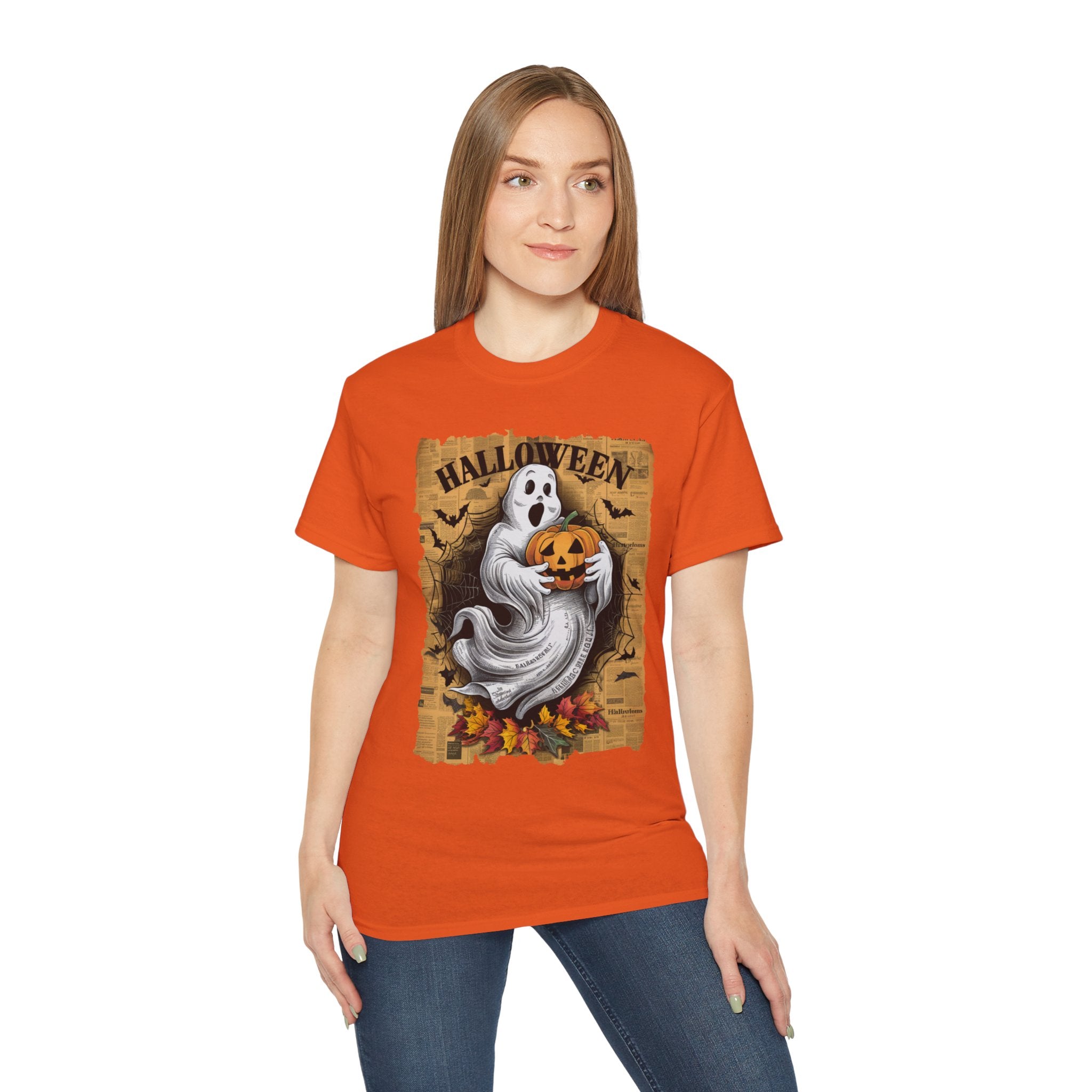 Halloween Ghost and Pumpkin T-Shirt – Vintage Newspaper Background Design