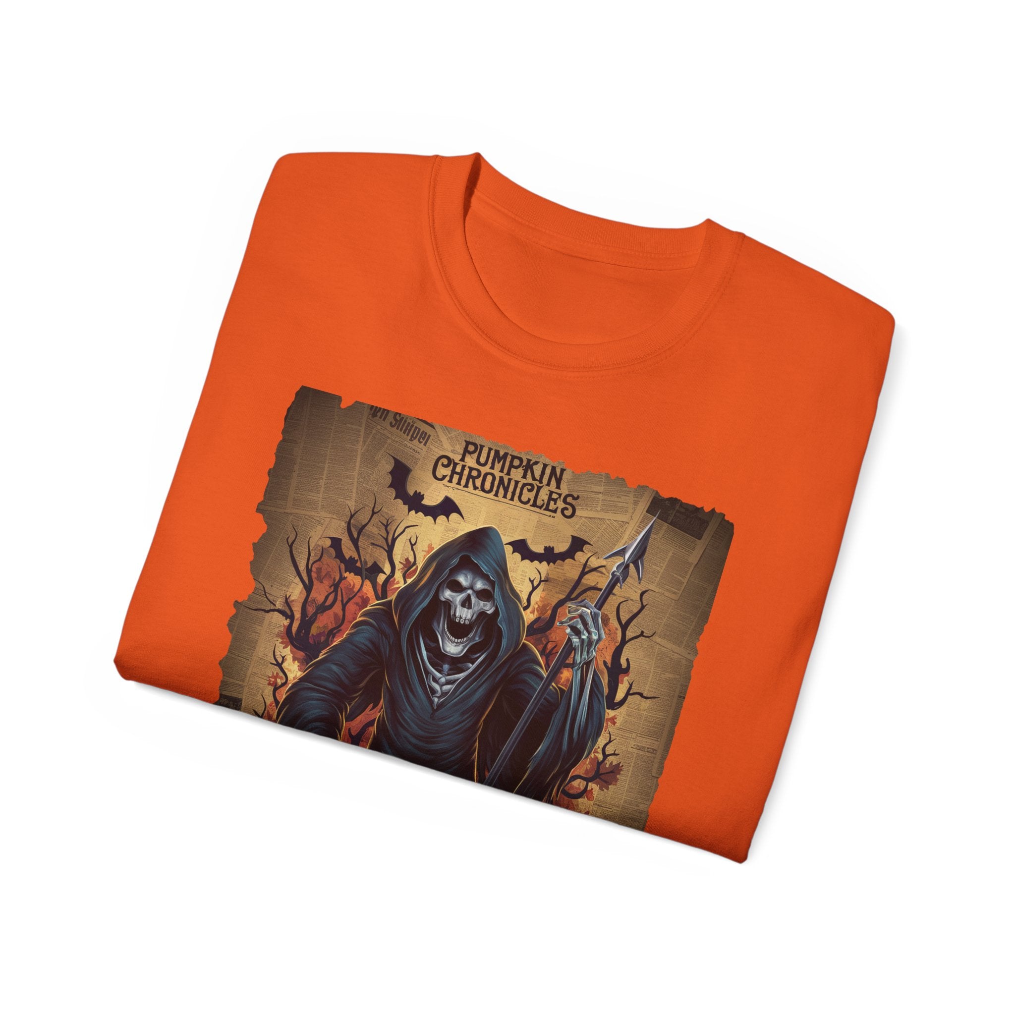 Pumpkin Chronicles Grim Reaper T-Shirt – Halloween Scythe & Pumpkin Skull Design