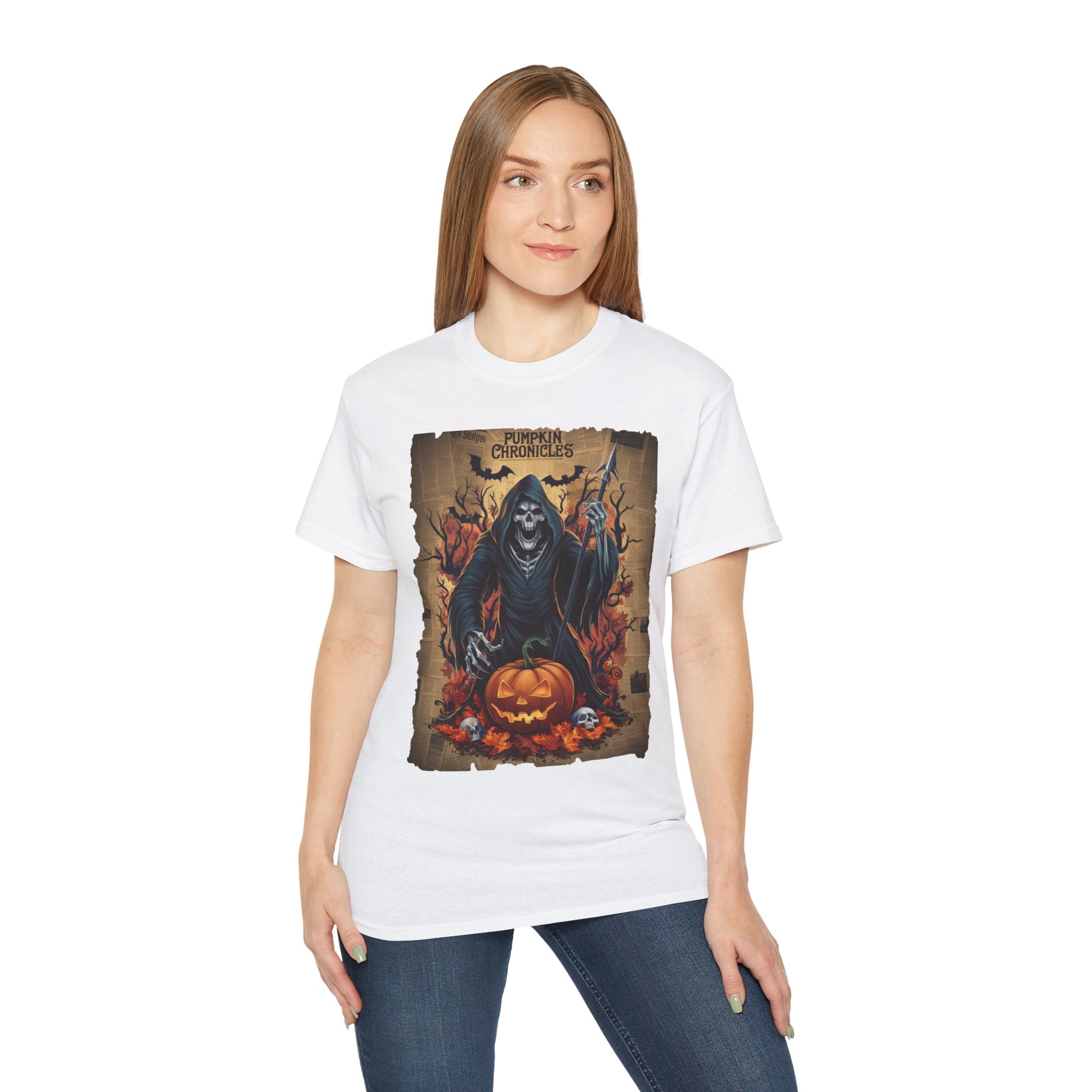 Pumpkin Chronicles Grim Reaper T-Shirt – Halloween Scythe & Pumpkin Skull Design