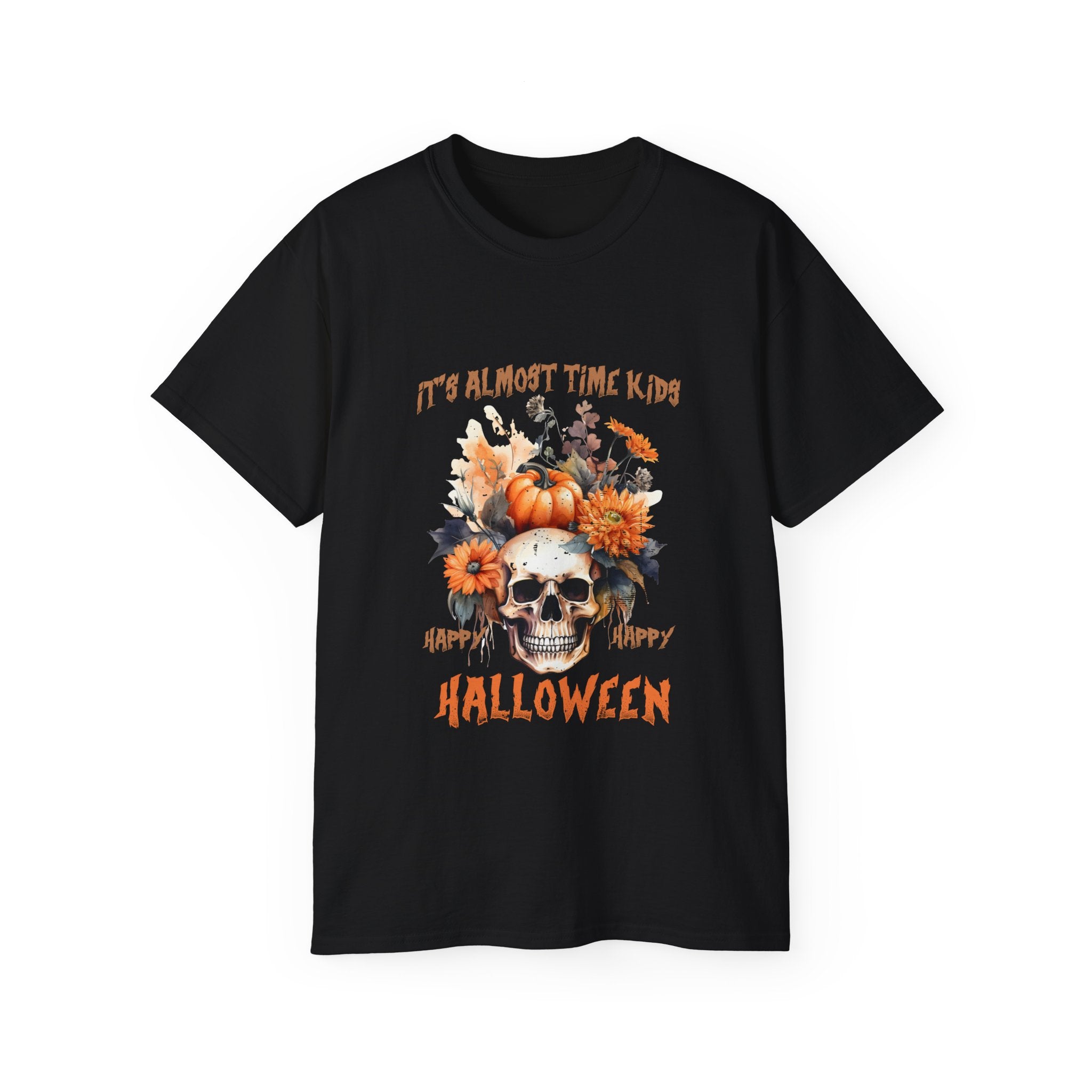 Happy Happy Halloween Skull & Pumpkin T-Shirt – Fall Floral Halloween Design