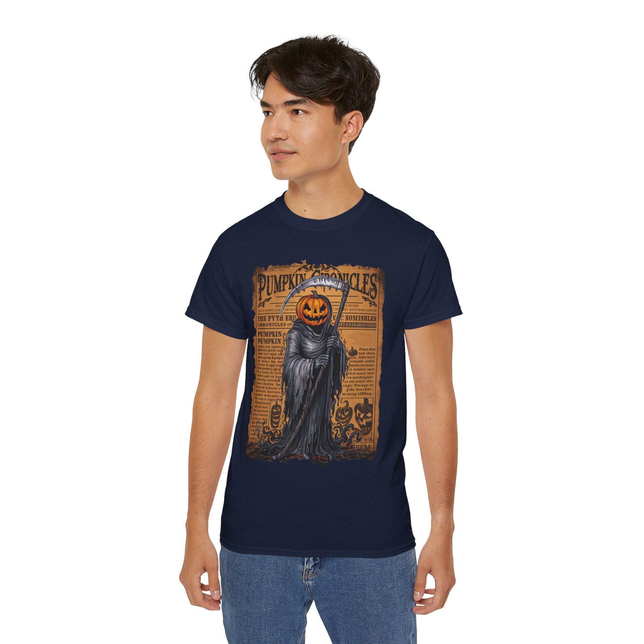 Pumpkin Chronicles Grim Reaper T-Shirt – Halloween Pumpkin Head Scythe Design