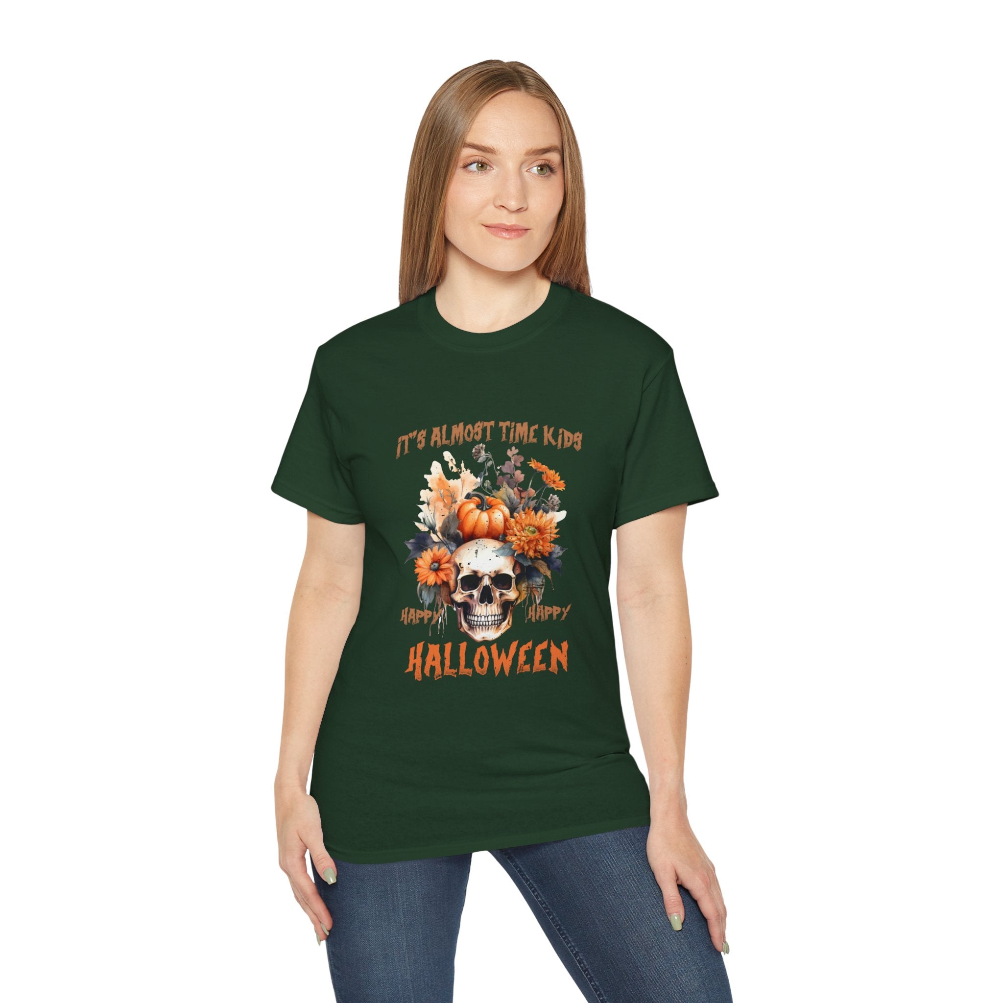 Happy Happy Halloween Skull & Pumpkin T-Shirt – Fall Floral Halloween Design