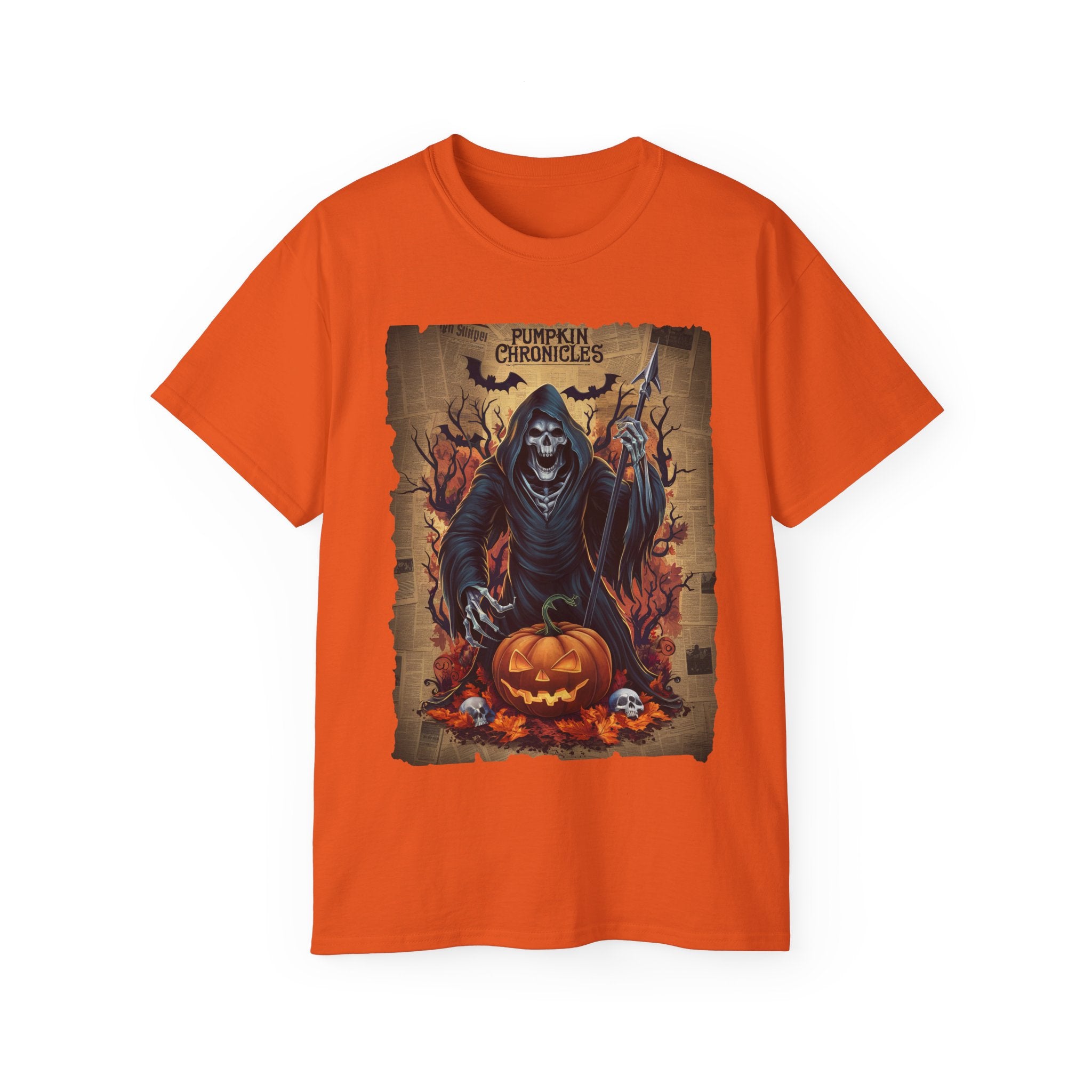 Pumpkin Chronicles Grim Reaper T-Shirt – Halloween Scythe & Pumpkin Skull Design