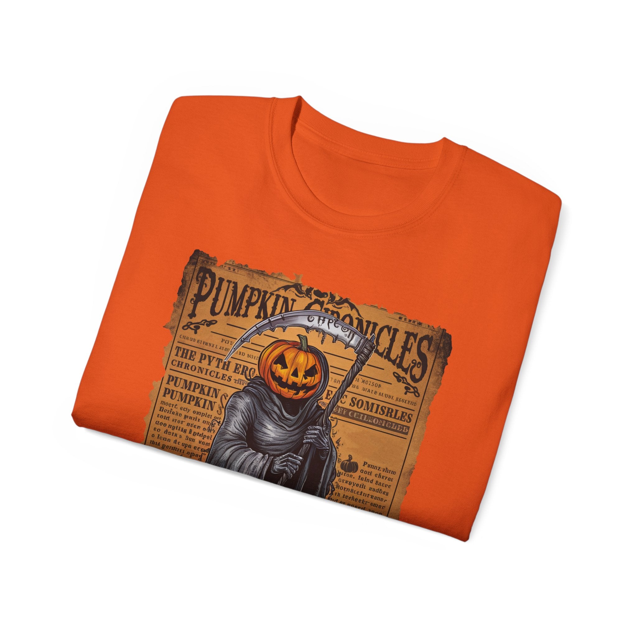 Pumpkin Chronicles Grim Reaper T-Shirt – Halloween Pumpkin Head Scythe Design