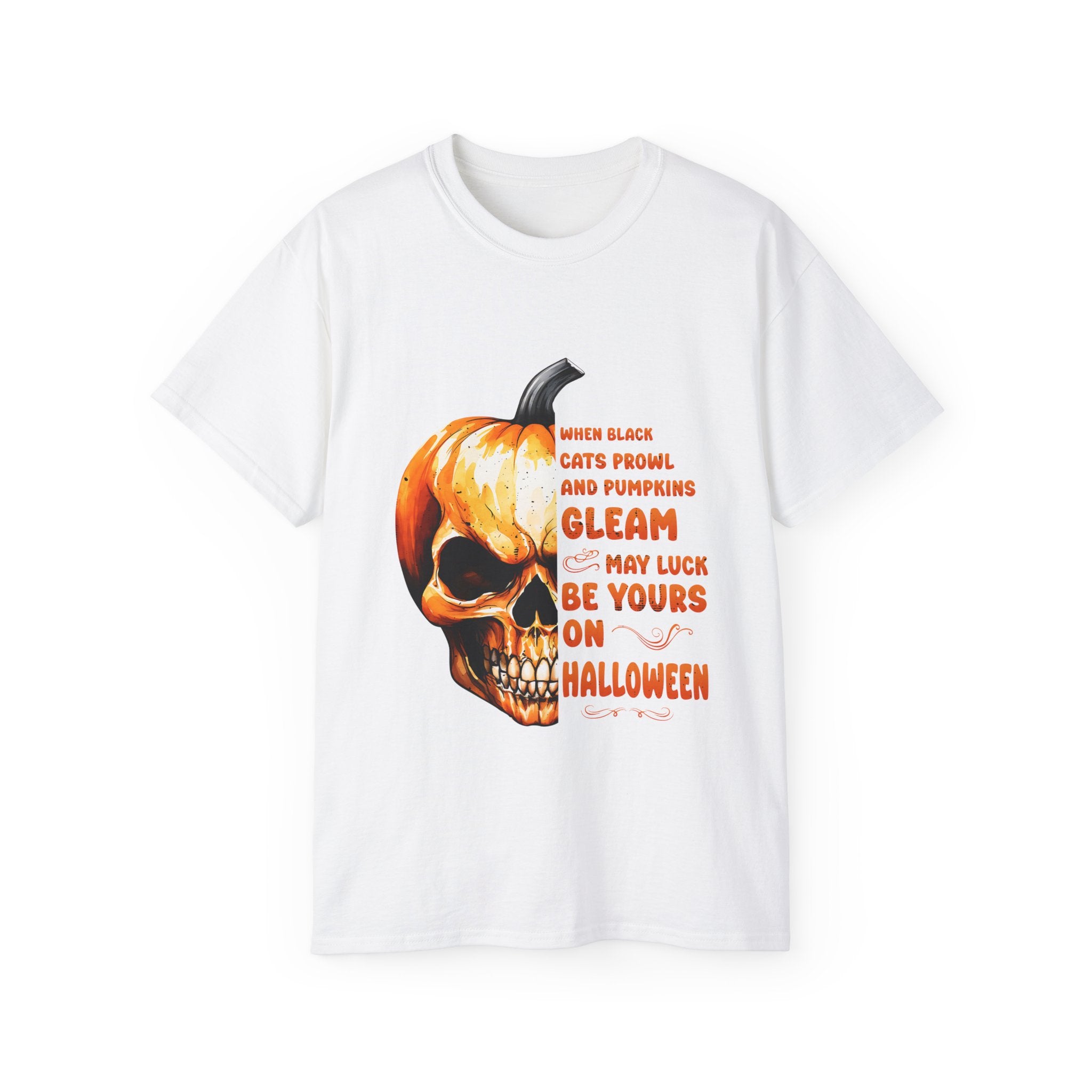 Pumpkin Skull Halloween T-Shirt – Spooky Skull and Pumpkin Half Design