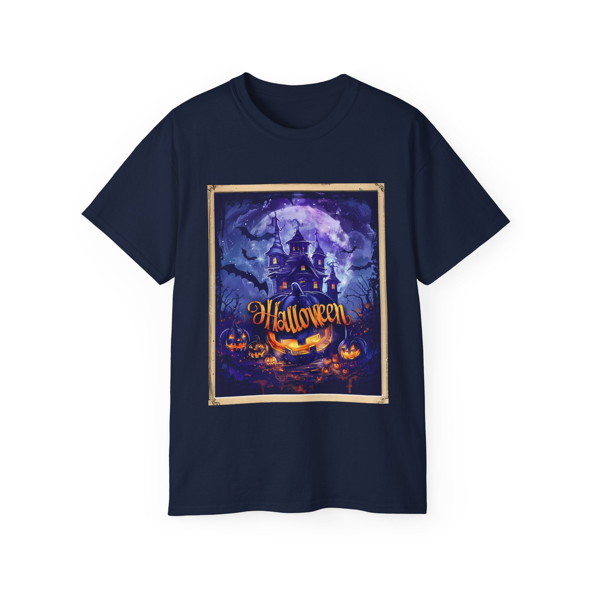 Halloween Haunted House T-Shirt – Spooky Moonlit Mansion & Pumpkins