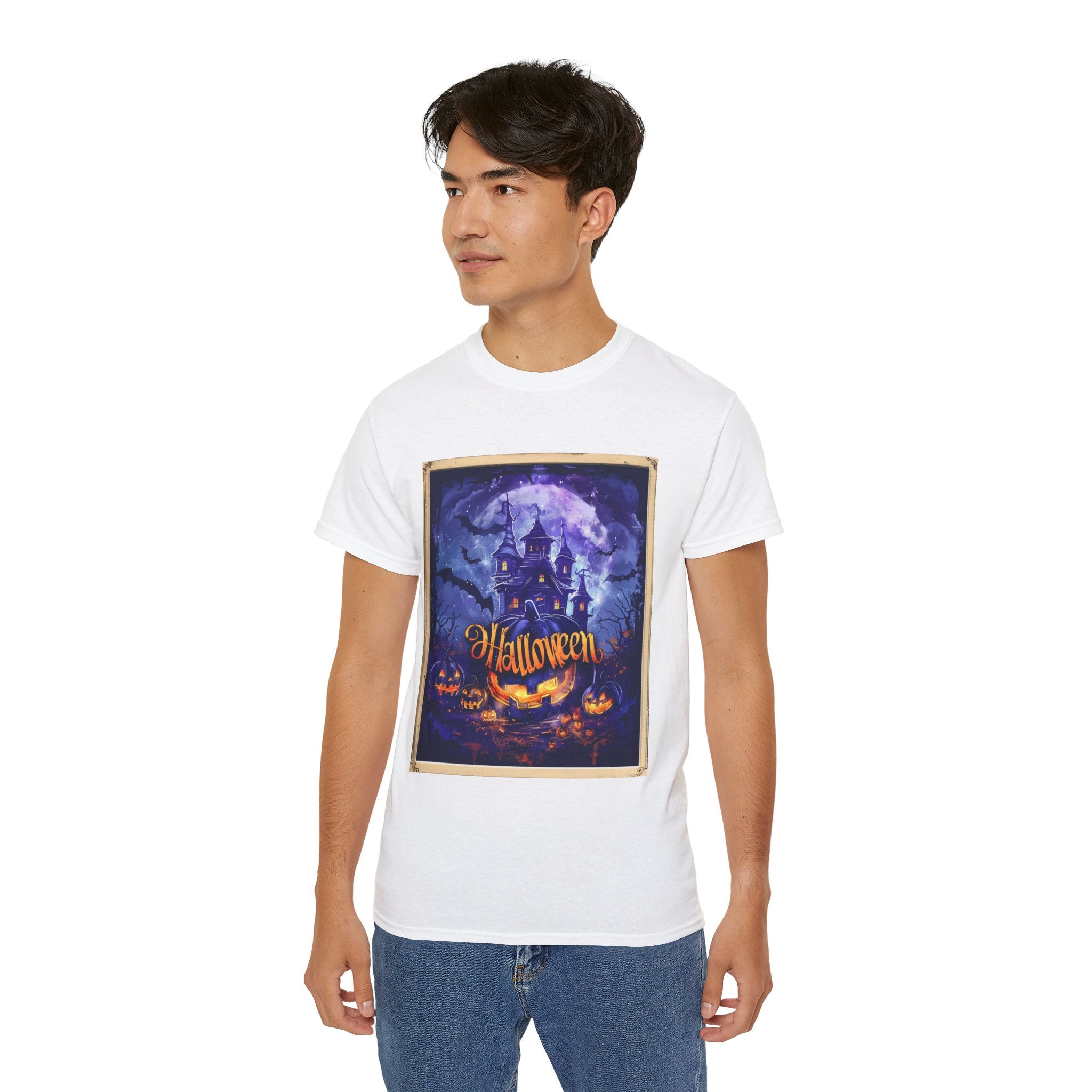 Halloween Haunted House T-Shirt – Spooky Moonlit Mansion & Pumpkins