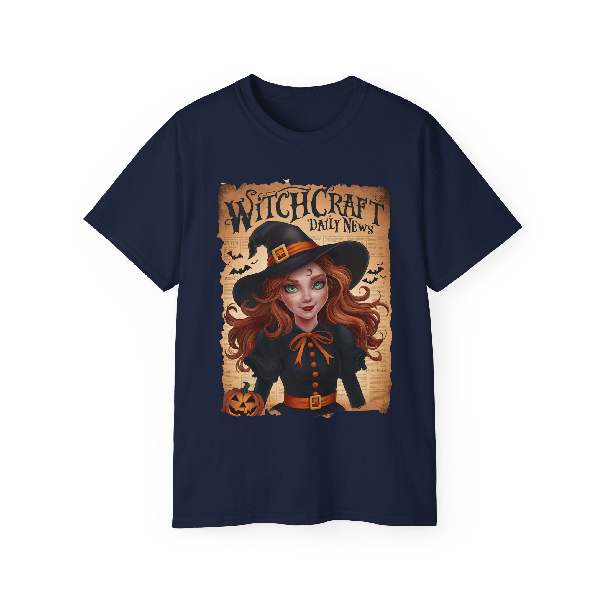 Witchcraft Daily News T-Shirt – Halloween Witch with Pumpkin Design