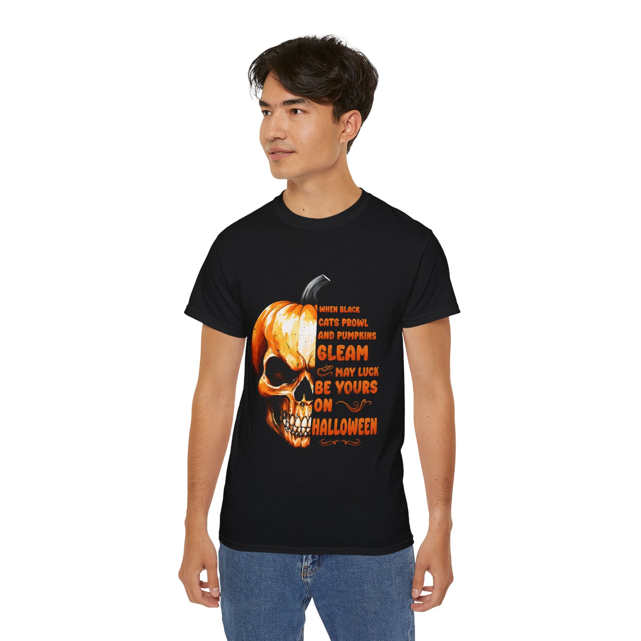 Pumpkin Skull Halloween T-Shirt – Spooky Skull and Pumpkin Half Design