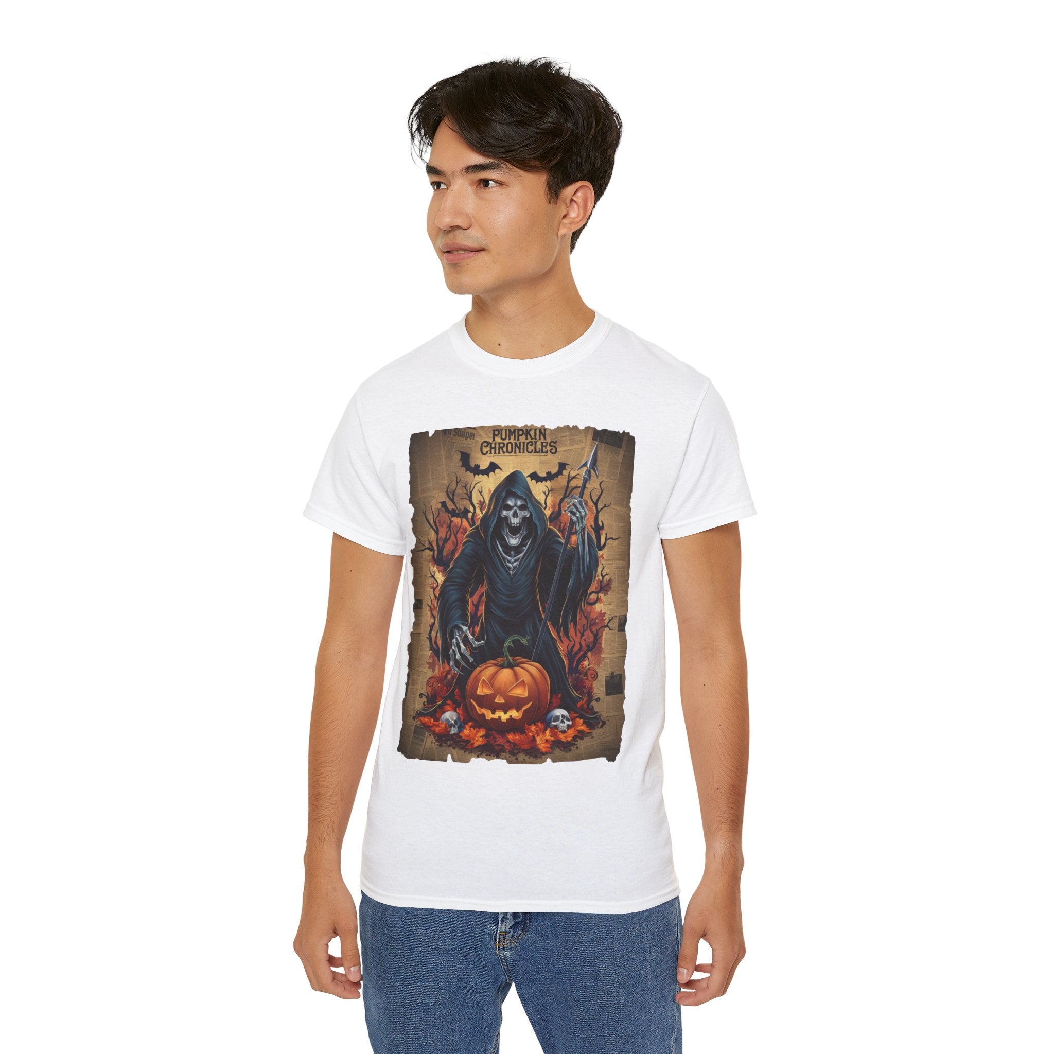 Pumpkin Chronicles Grim Reaper T-Shirt – Halloween Scythe & Pumpkin Skull Design