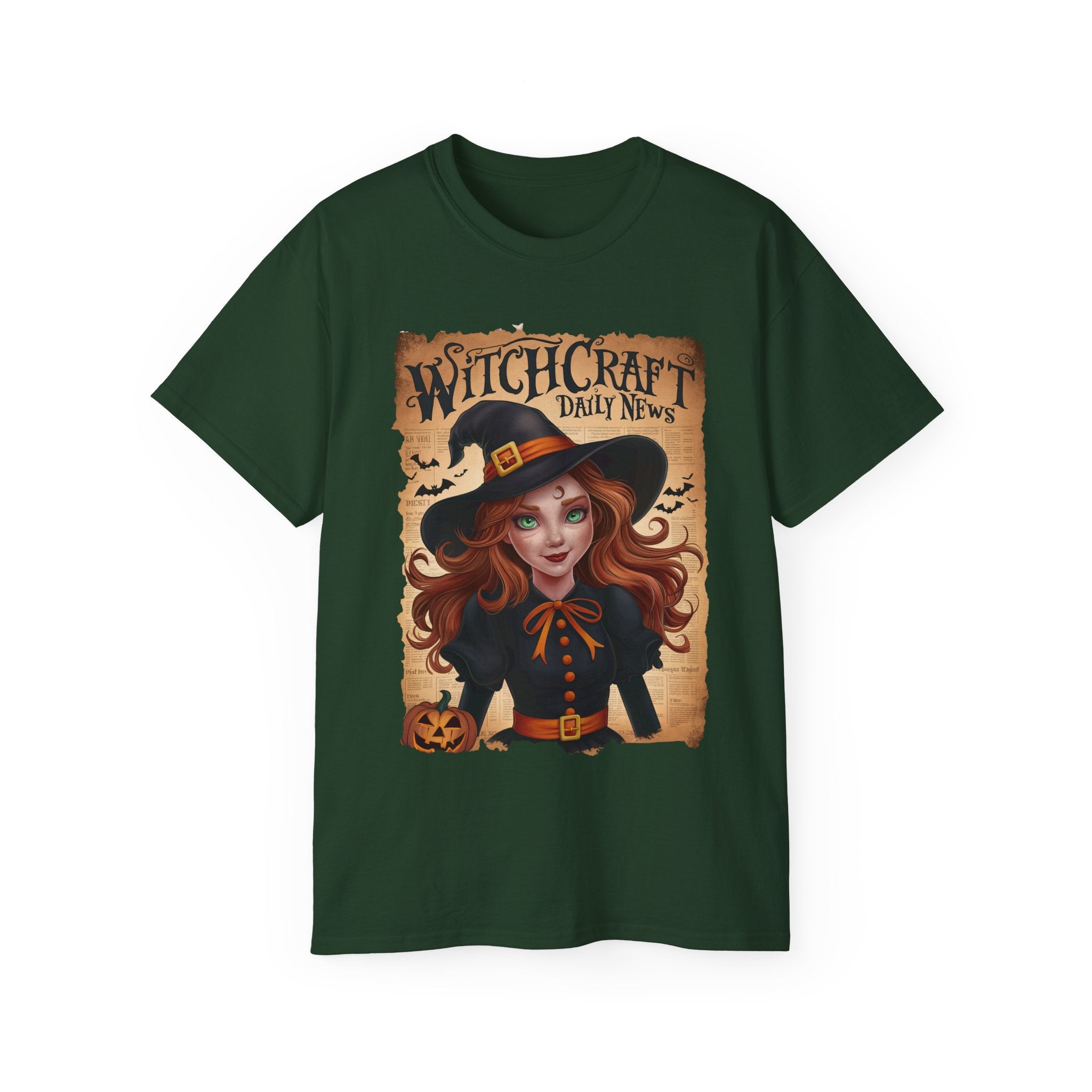 Witchcraft Daily News T-Shirt – Halloween Witch with Pumpkin Design