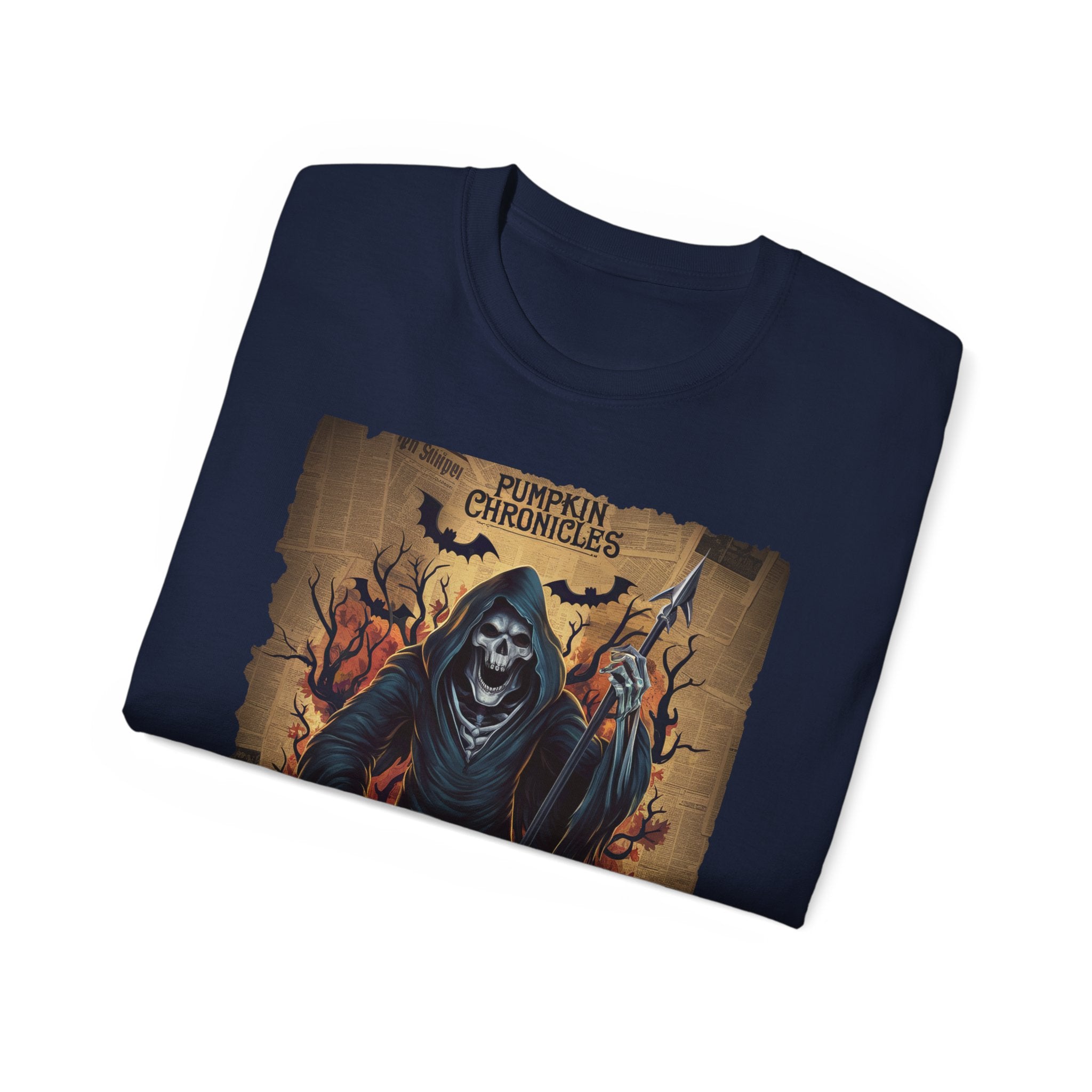 Pumpkin Chronicles Grim Reaper T-Shirt – Halloween Scythe & Pumpkin Skull Design