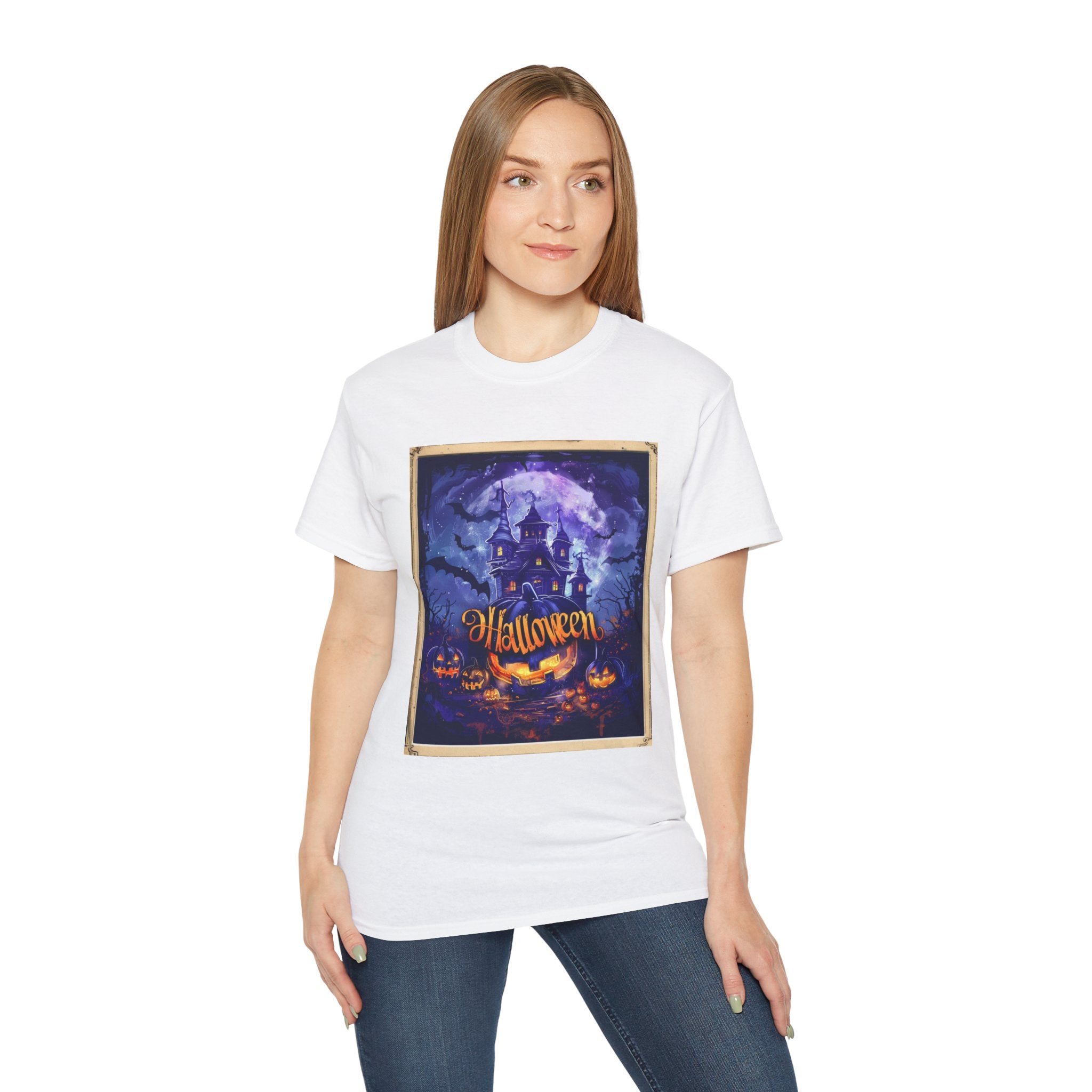 Halloween Haunted House T-Shirt – Spooky Moonlit Mansion & Pumpkins