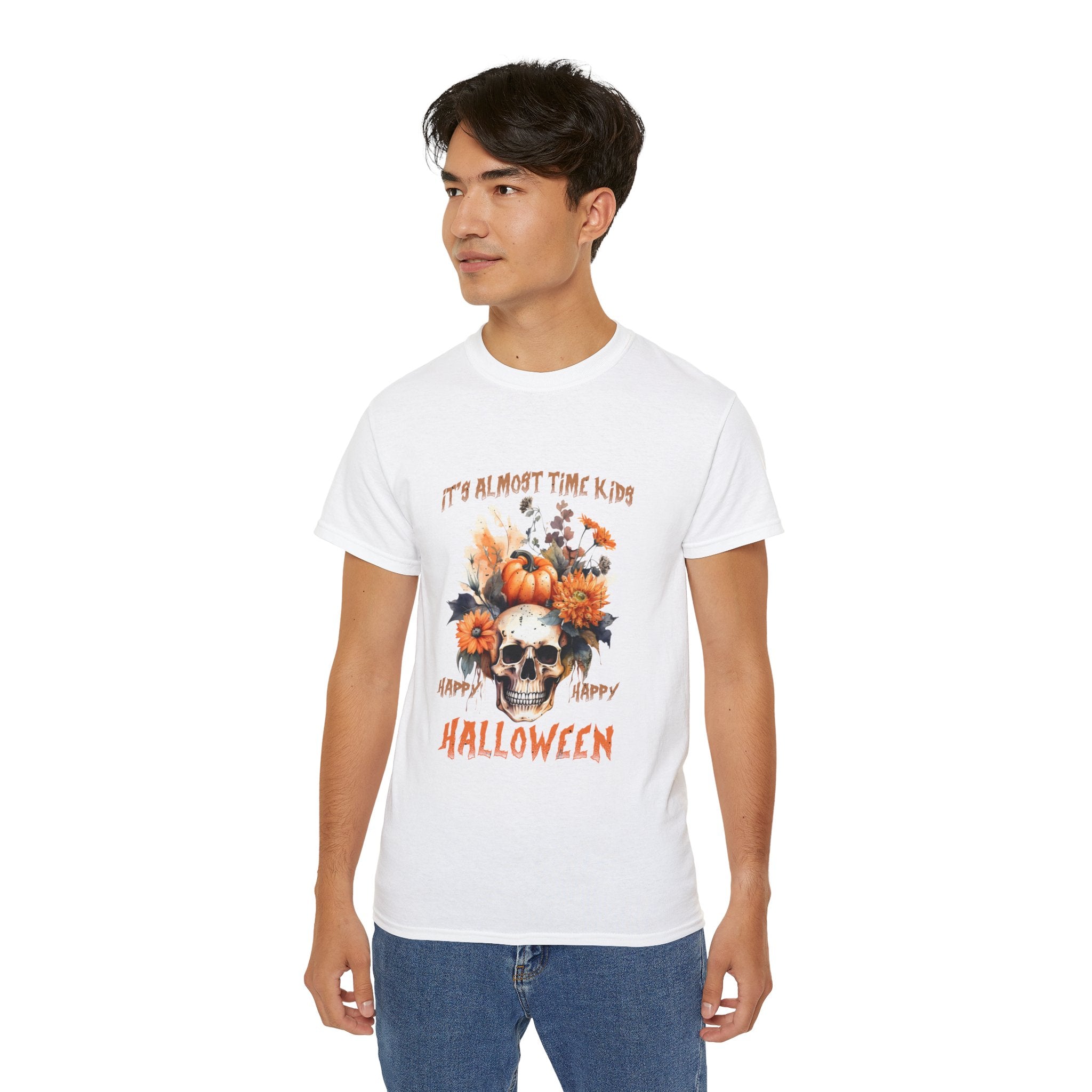 Happy Happy Halloween Skull & Pumpkin T-Shirt – Fall Floral Halloween Design