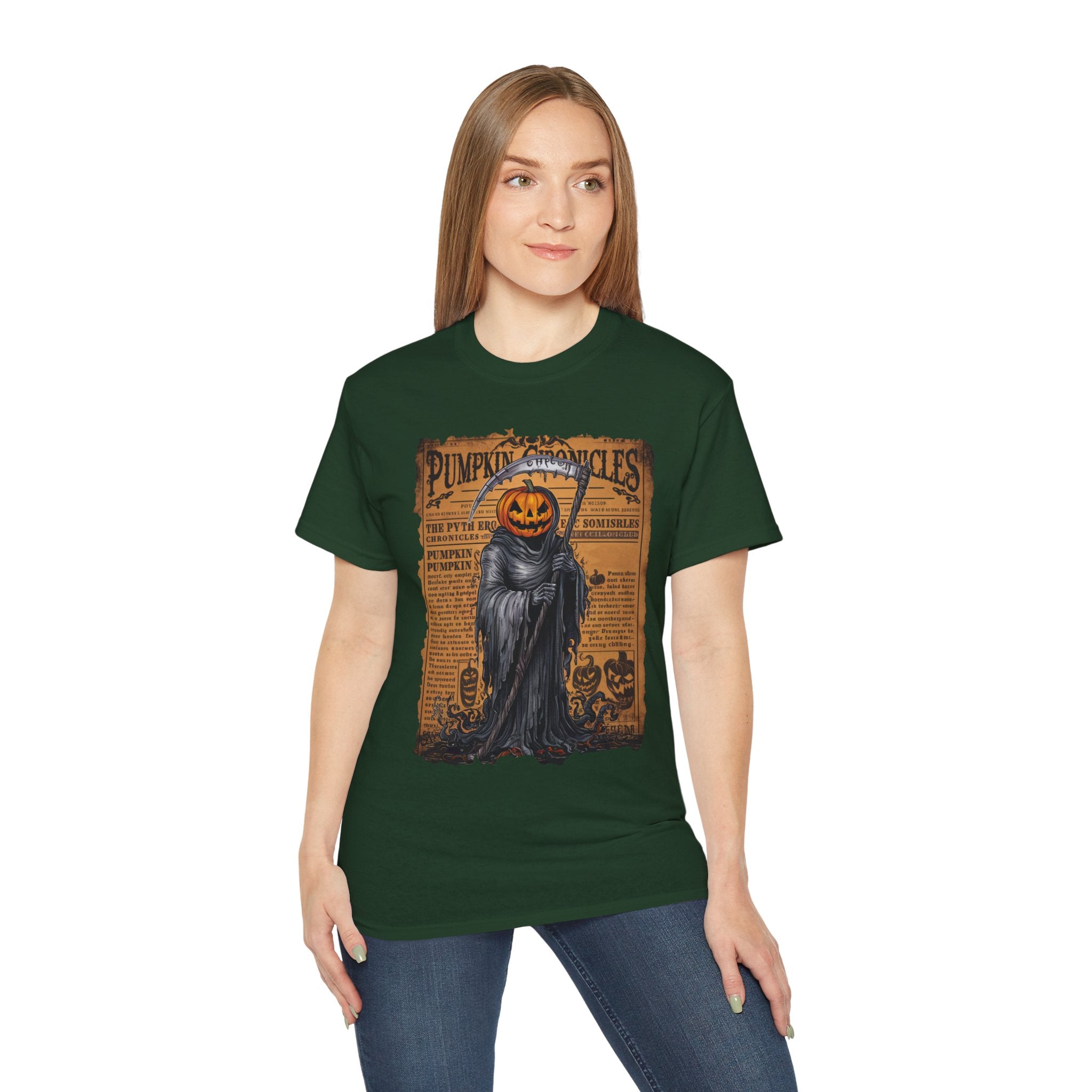 Pumpkin Chronicles Grim Reaper T-Shirt – Halloween Pumpkin Head Scythe Design