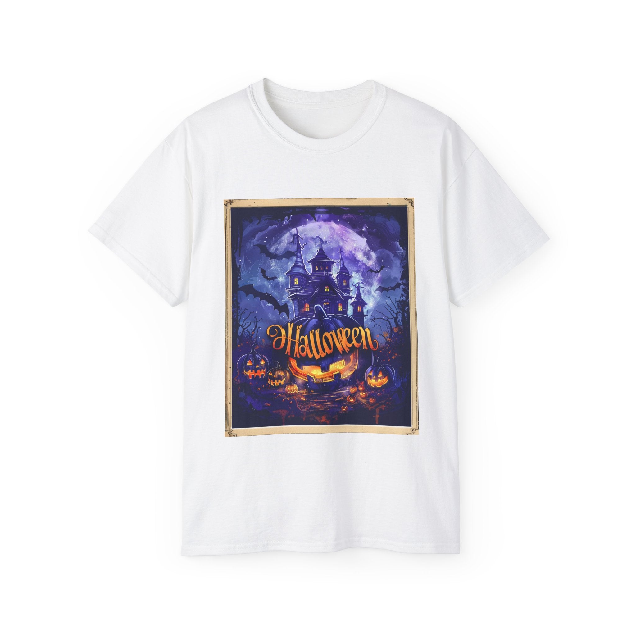 Halloween Haunted House T-Shirt – Spooky Moonlit Mansion & Pumpkins