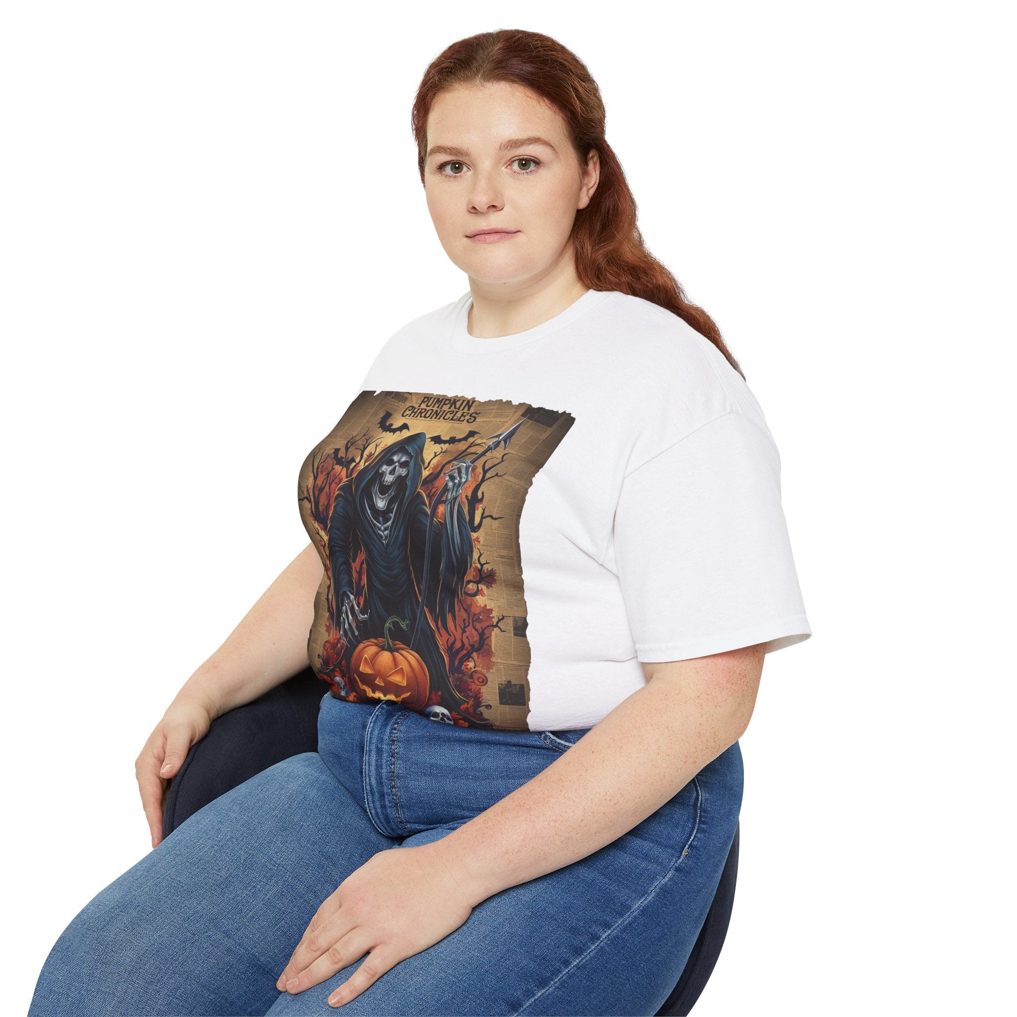 Pumpkin Chronicles Grim Reaper T-Shirt – Halloween Scythe & Pumpkin Skull Design