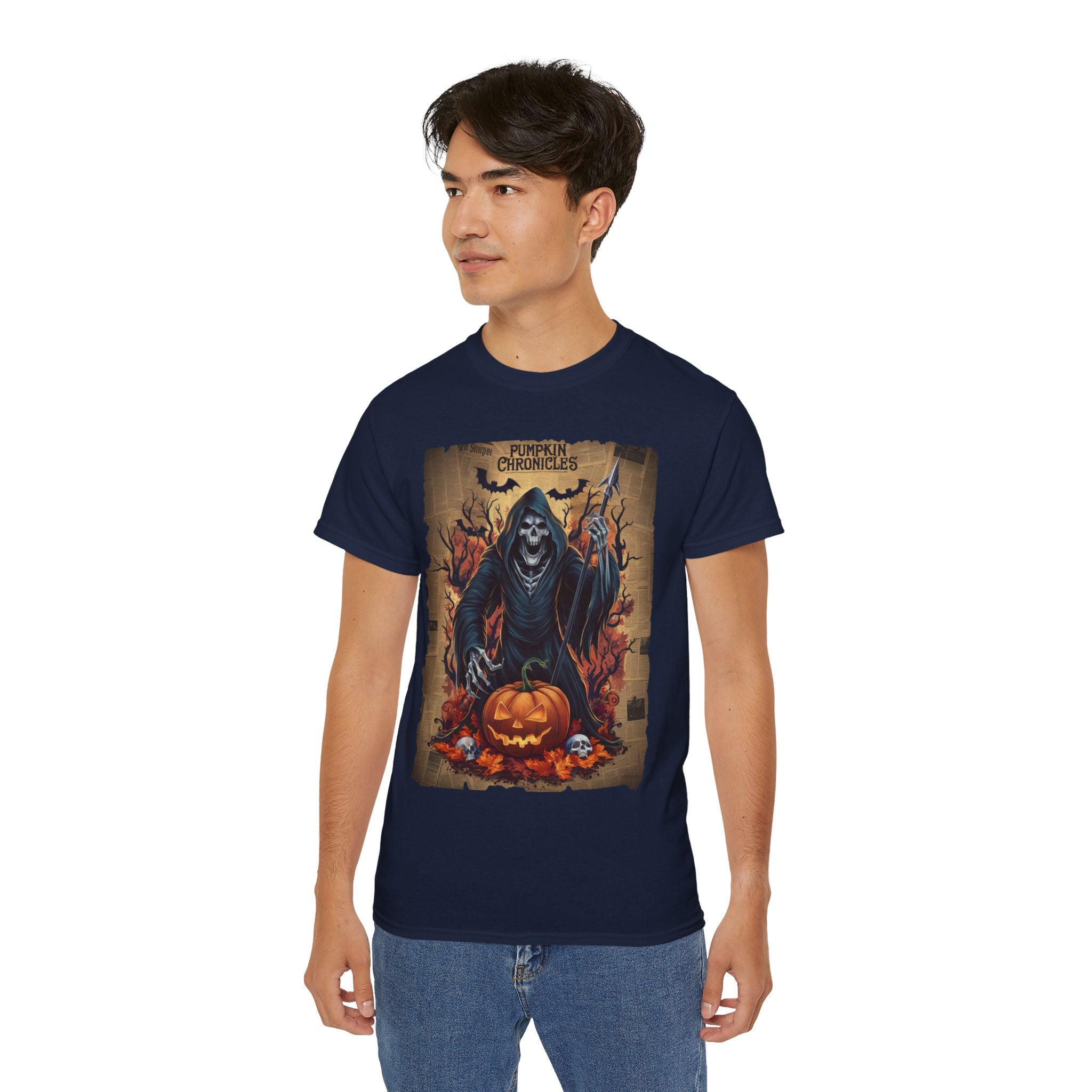 Pumpkin Chronicles Grim Reaper T-Shirt – Halloween Scythe & Pumpkin Skull Design