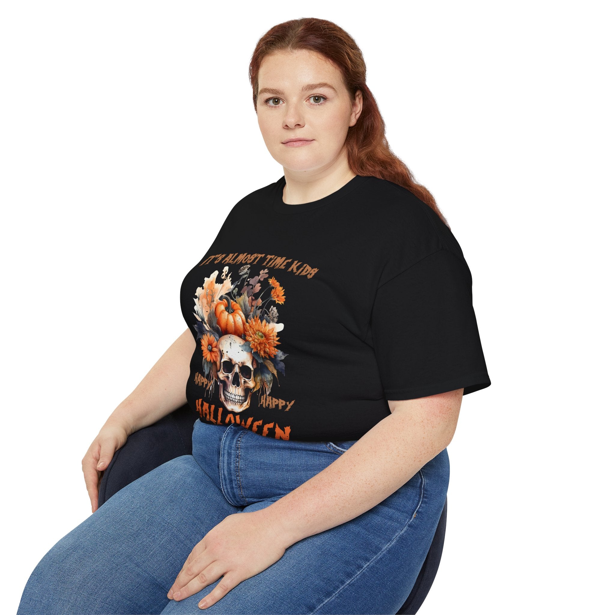 Happy Happy Halloween Skull & Pumpkin T-Shirt – Fall Floral Halloween Design