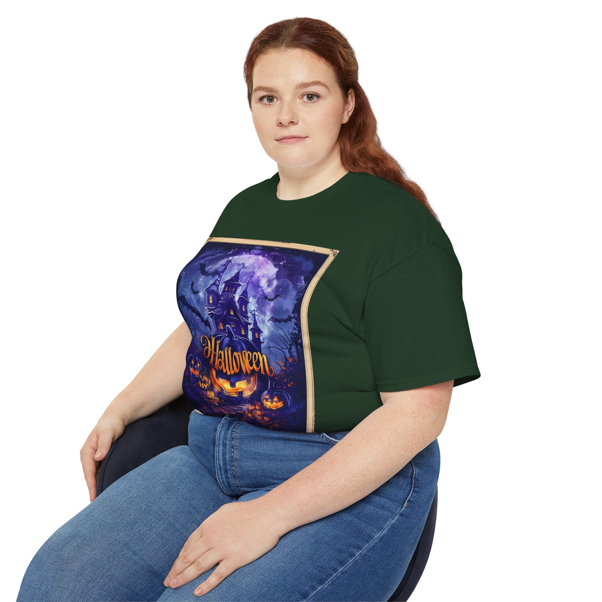 Halloween Haunted House T-Shirt – Spooky Moonlit Mansion & Pumpkins