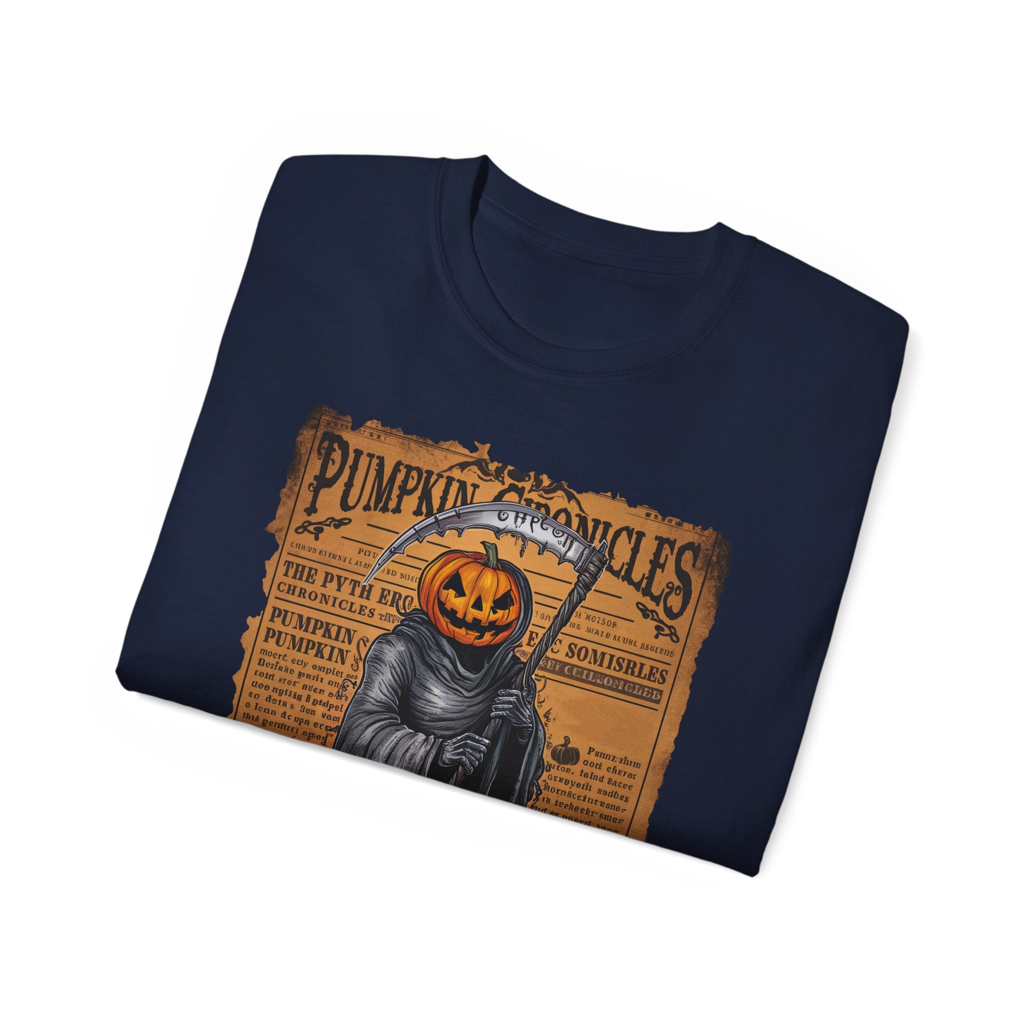 Pumpkin Chronicles Grim Reaper T-Shirt – Halloween Pumpkin Head Scythe Design