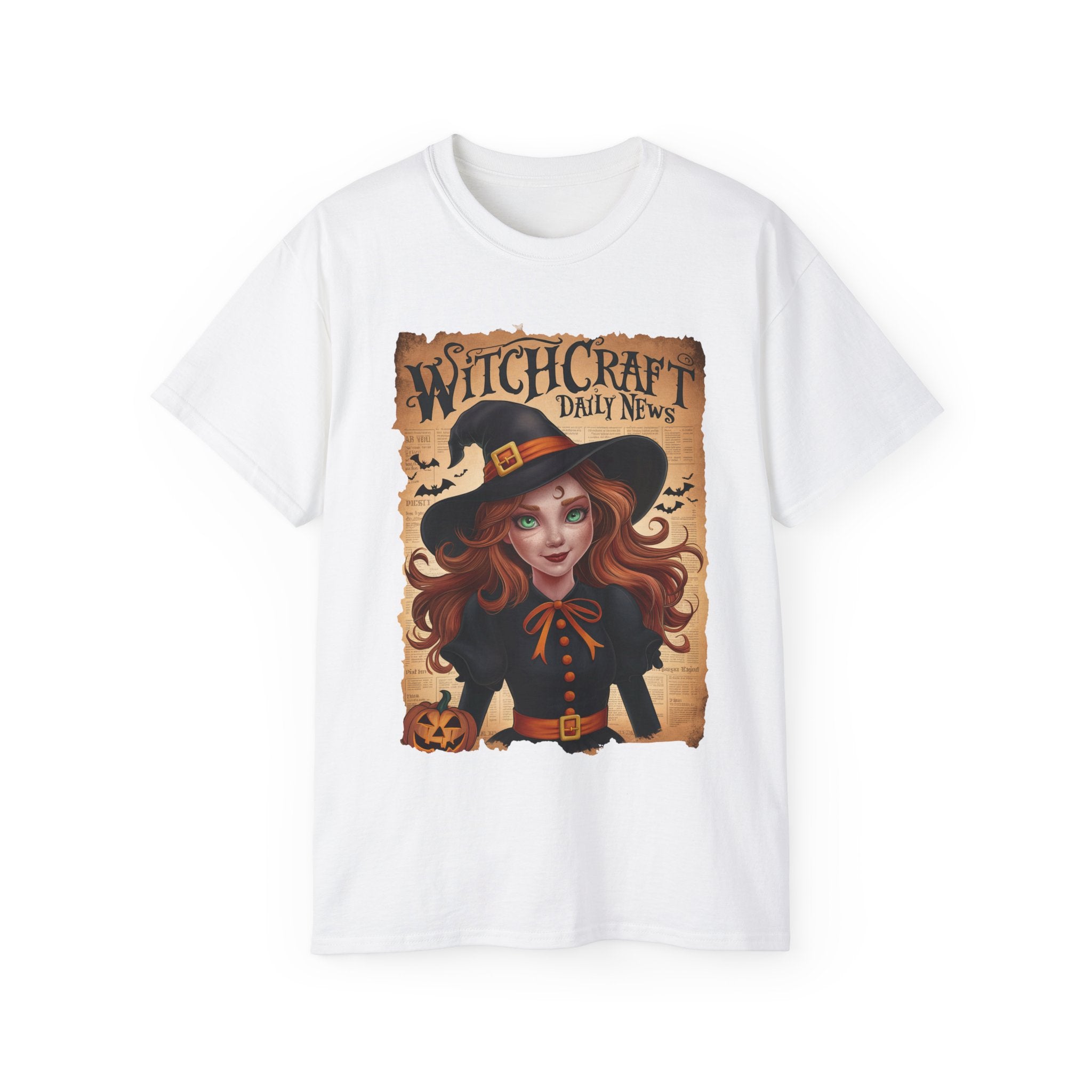 Witchcraft Daily News T-Shirt – Halloween Witch with Pumpkin Design