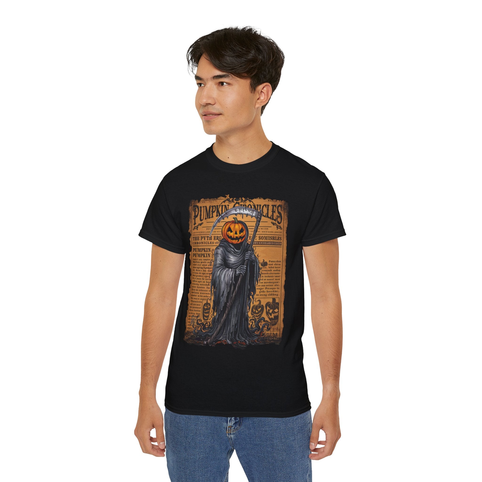 Pumpkin Chronicles Grim Reaper T-Shirt – Halloween Pumpkin Head Scythe Design