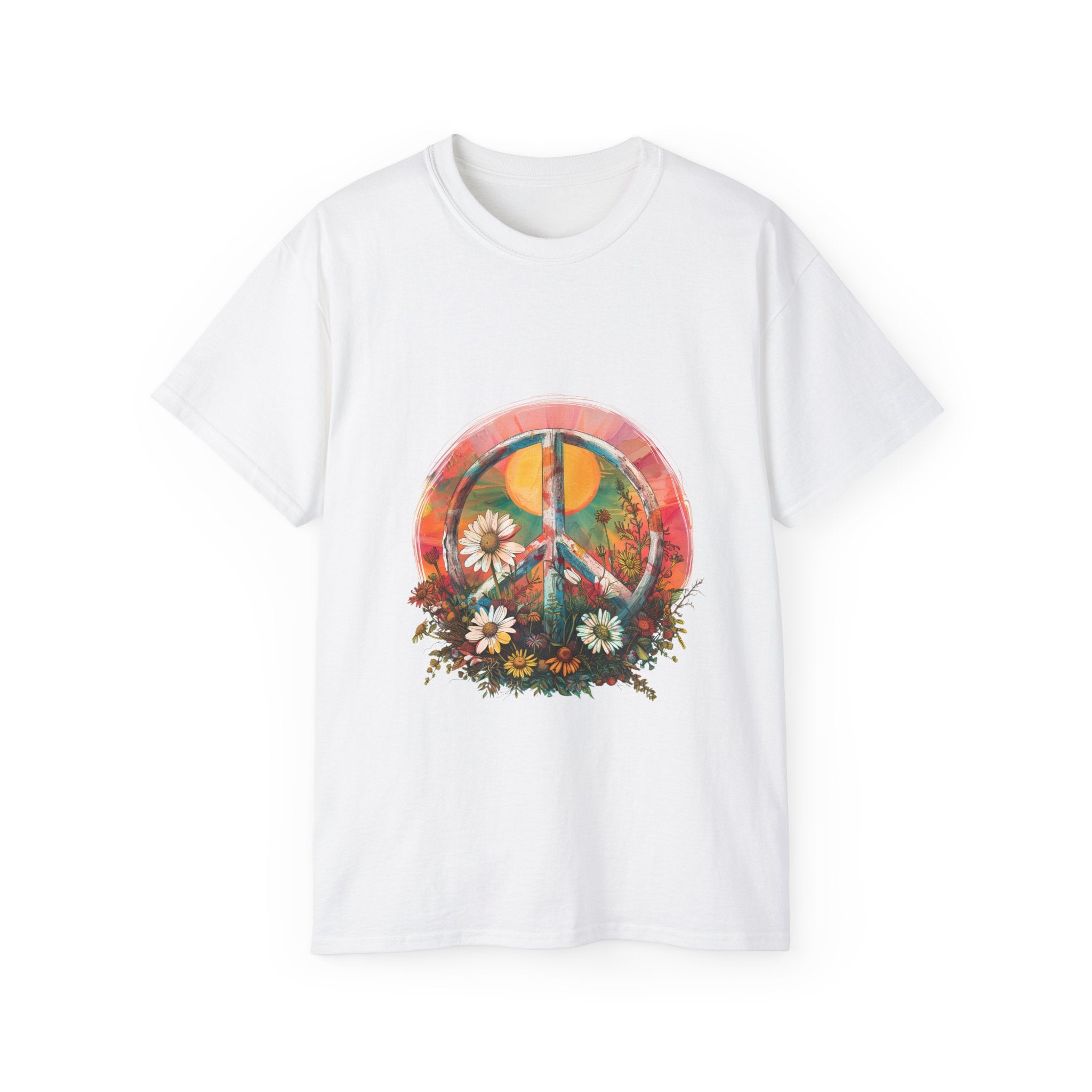 T-shirt hippie, maglietta simbolo della pace e fiori