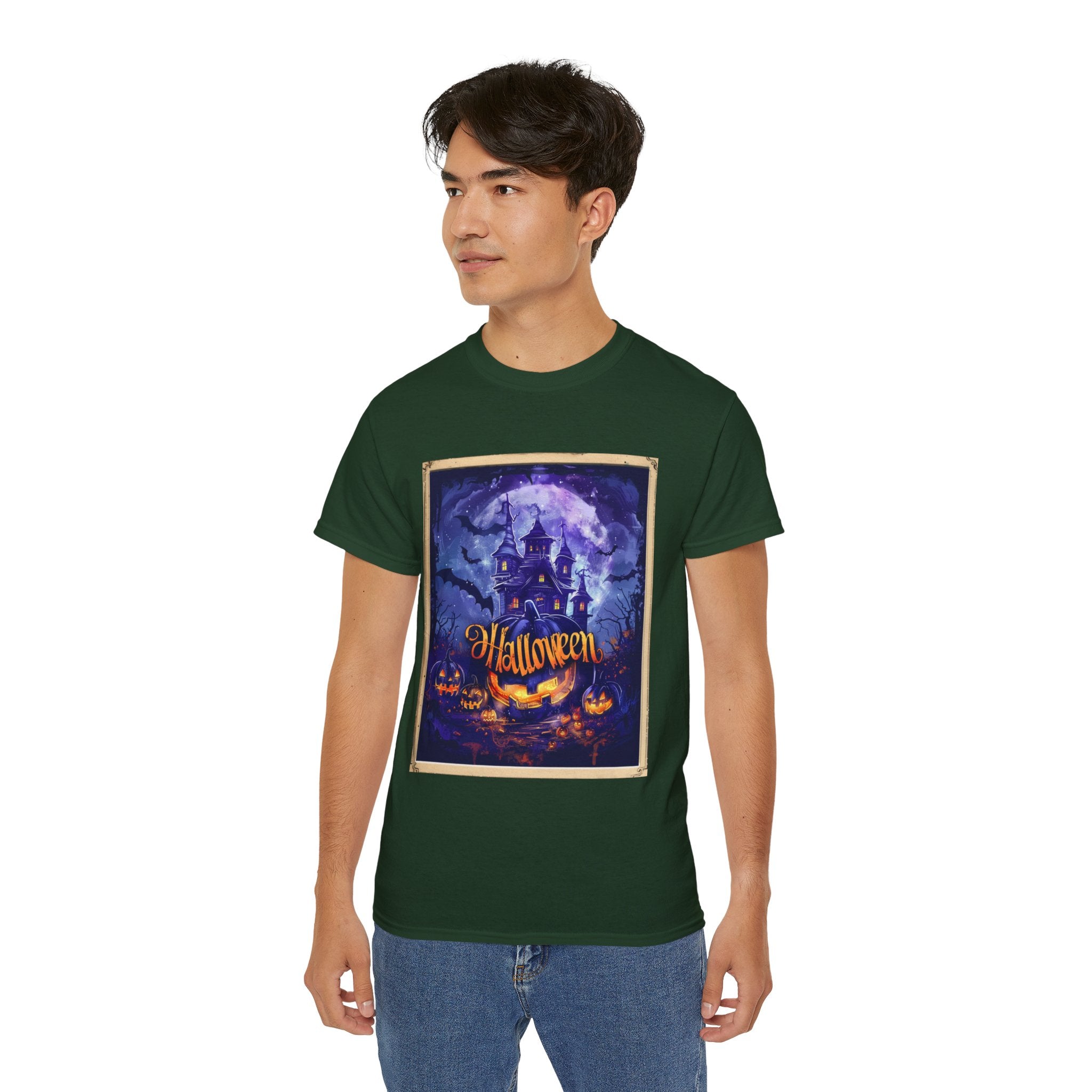 Halloween Haunted House T-Shirt – Spooky Moonlit Mansion & Pumpkins