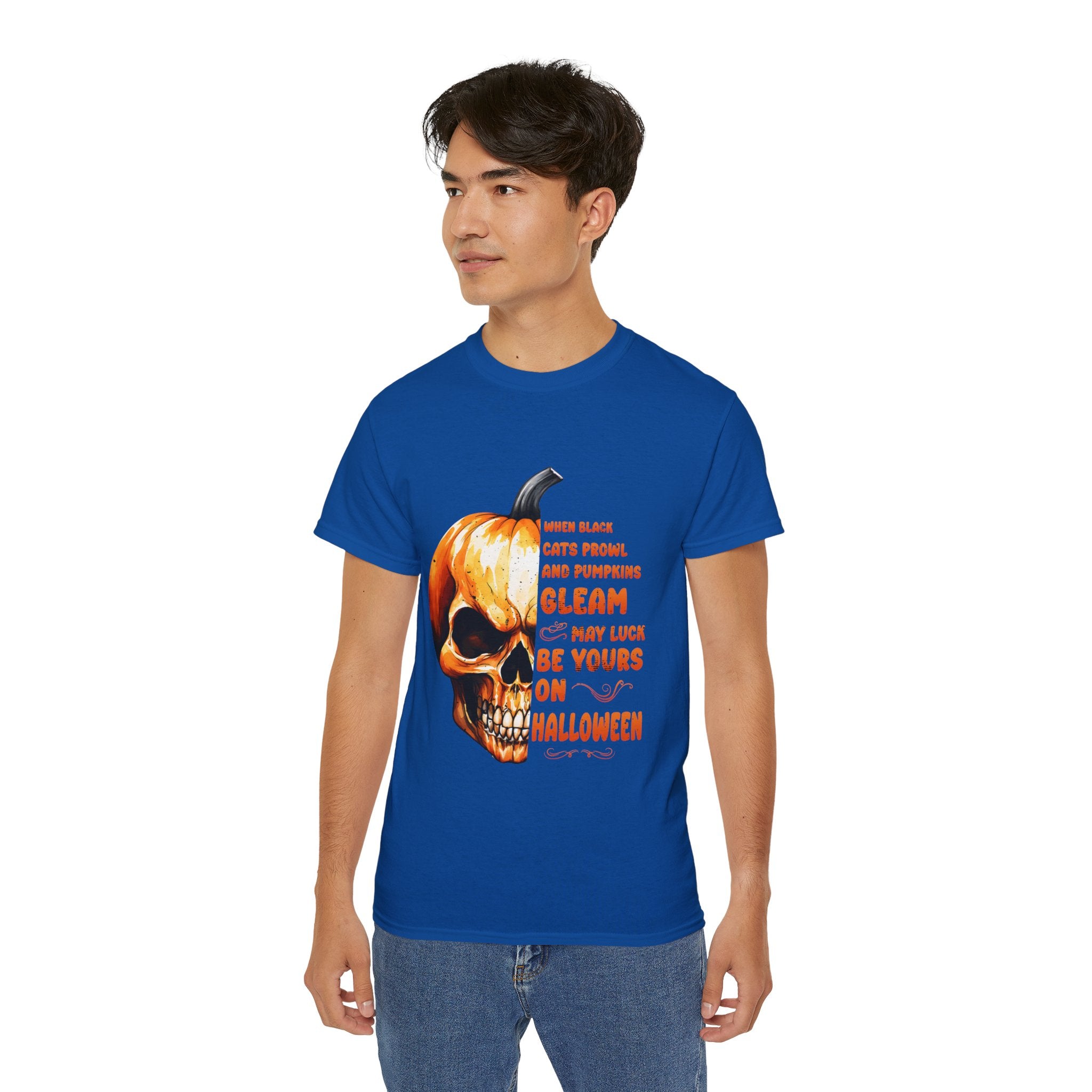 Pumpkin Skull Halloween T-Shirt – Spooky Skull and Pumpkin Half Design