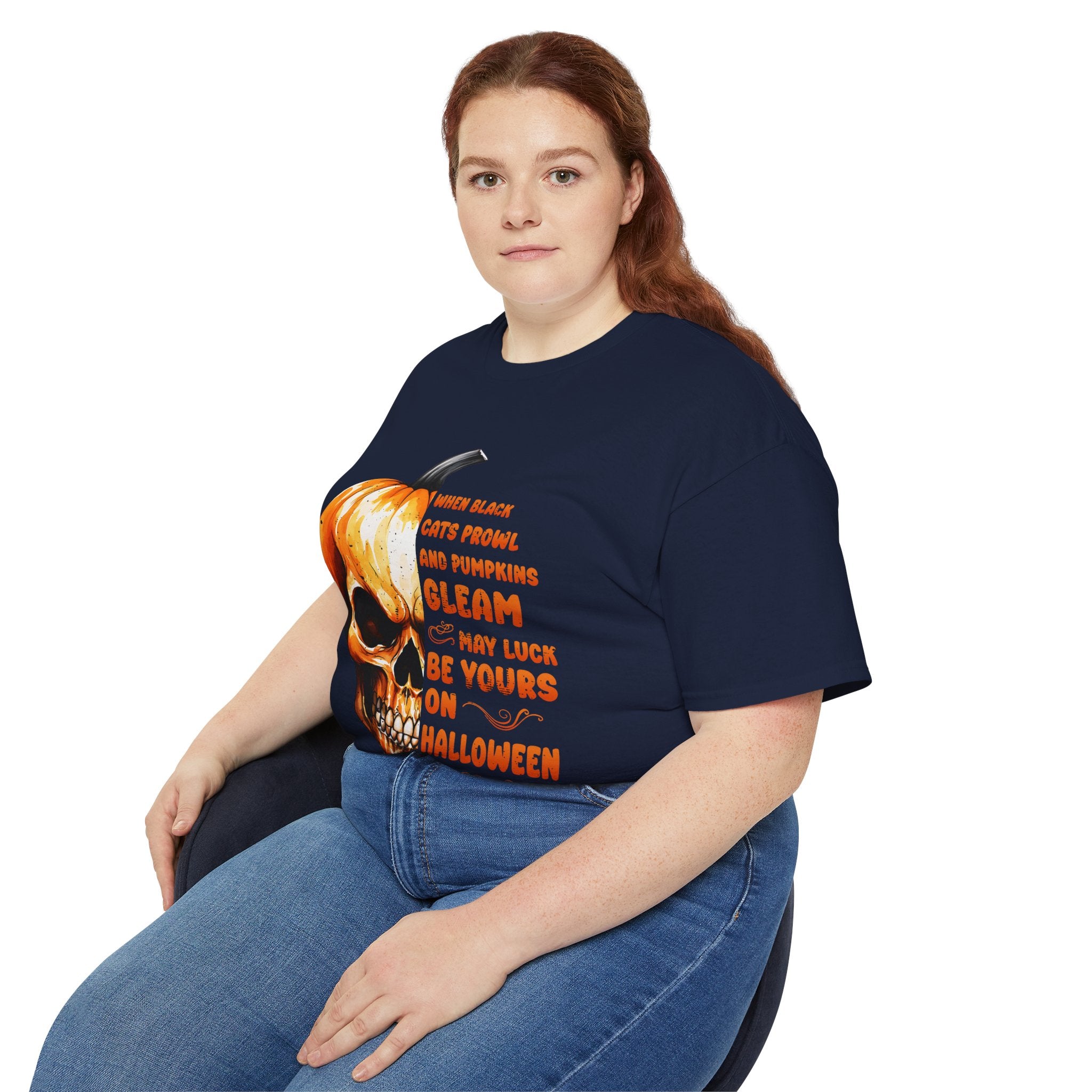 Pumpkin Skull Halloween T-Shirt – Spooky Skull and Pumpkin Half Design