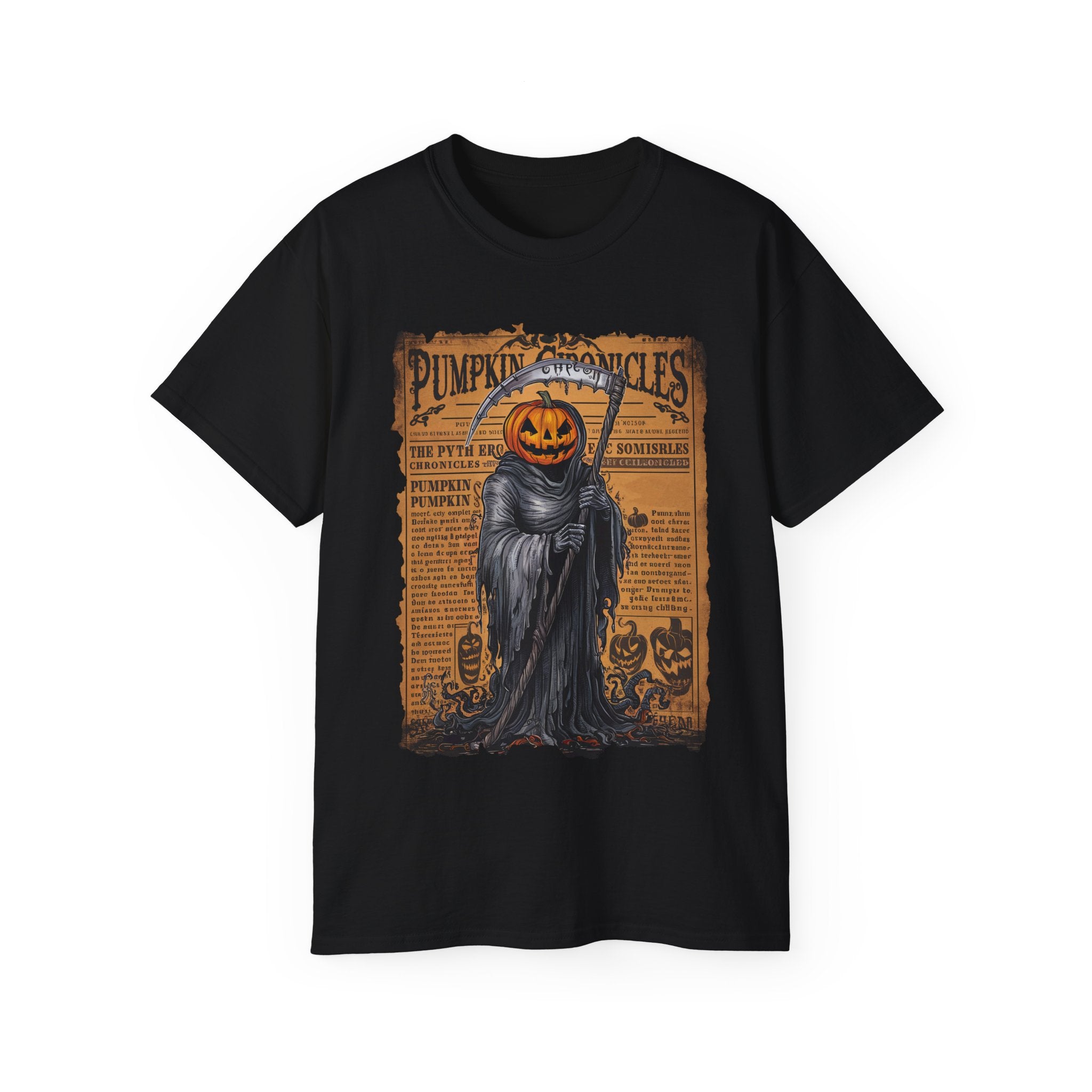 Pumpkin Chronicles Grim Reaper T-Shirt – Halloween Pumpkin Head Scythe Design