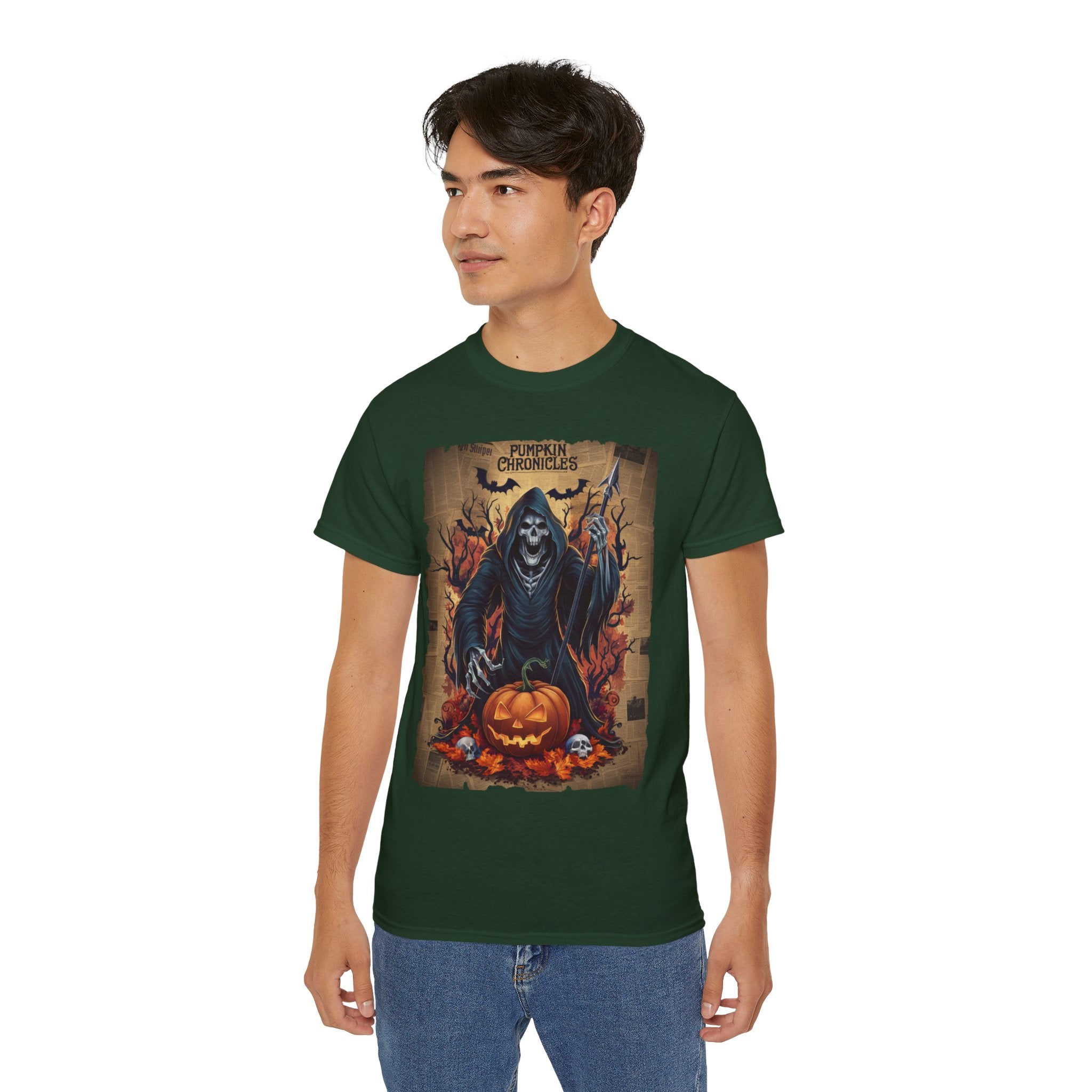 Pumpkin Chronicles Grim Reaper T-Shirt – Halloween Scythe & Pumpkin Skull Design