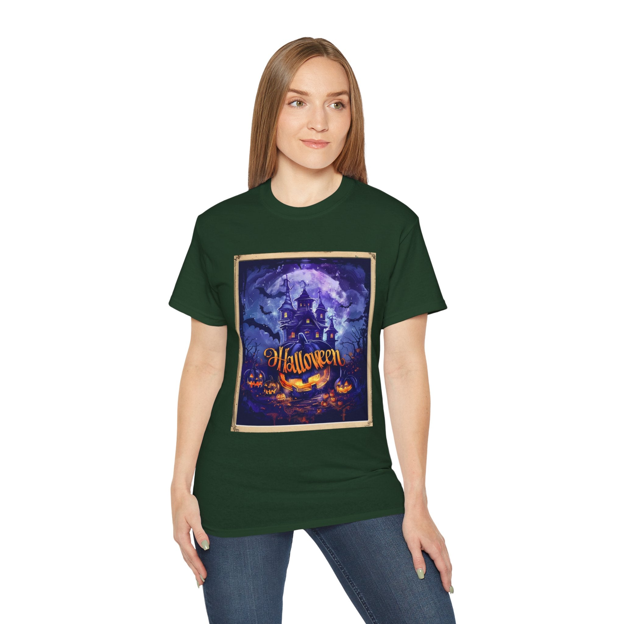 Halloween Haunted House T-Shirt – Spooky Moonlit Mansion & Pumpkins