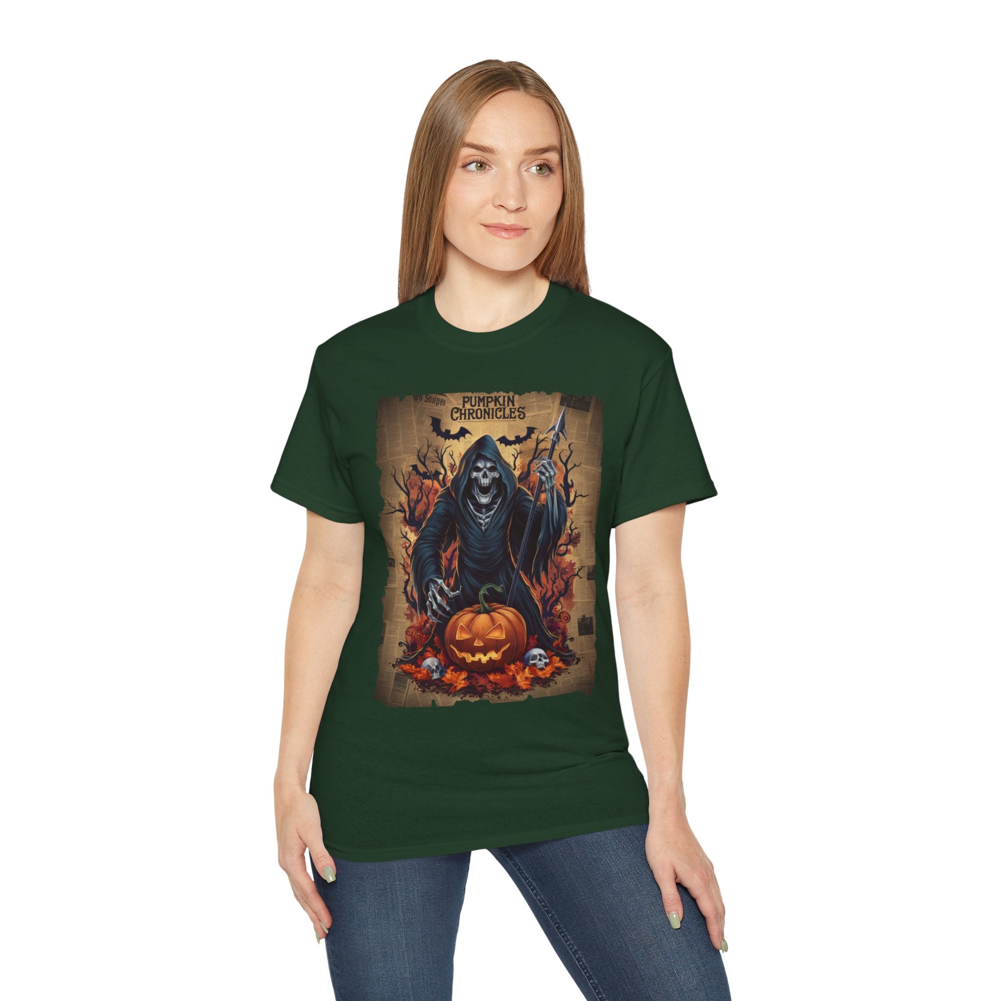 Pumpkin Chronicles Grim Reaper T-Shirt – Halloween Scythe & Pumpkin Skull Design