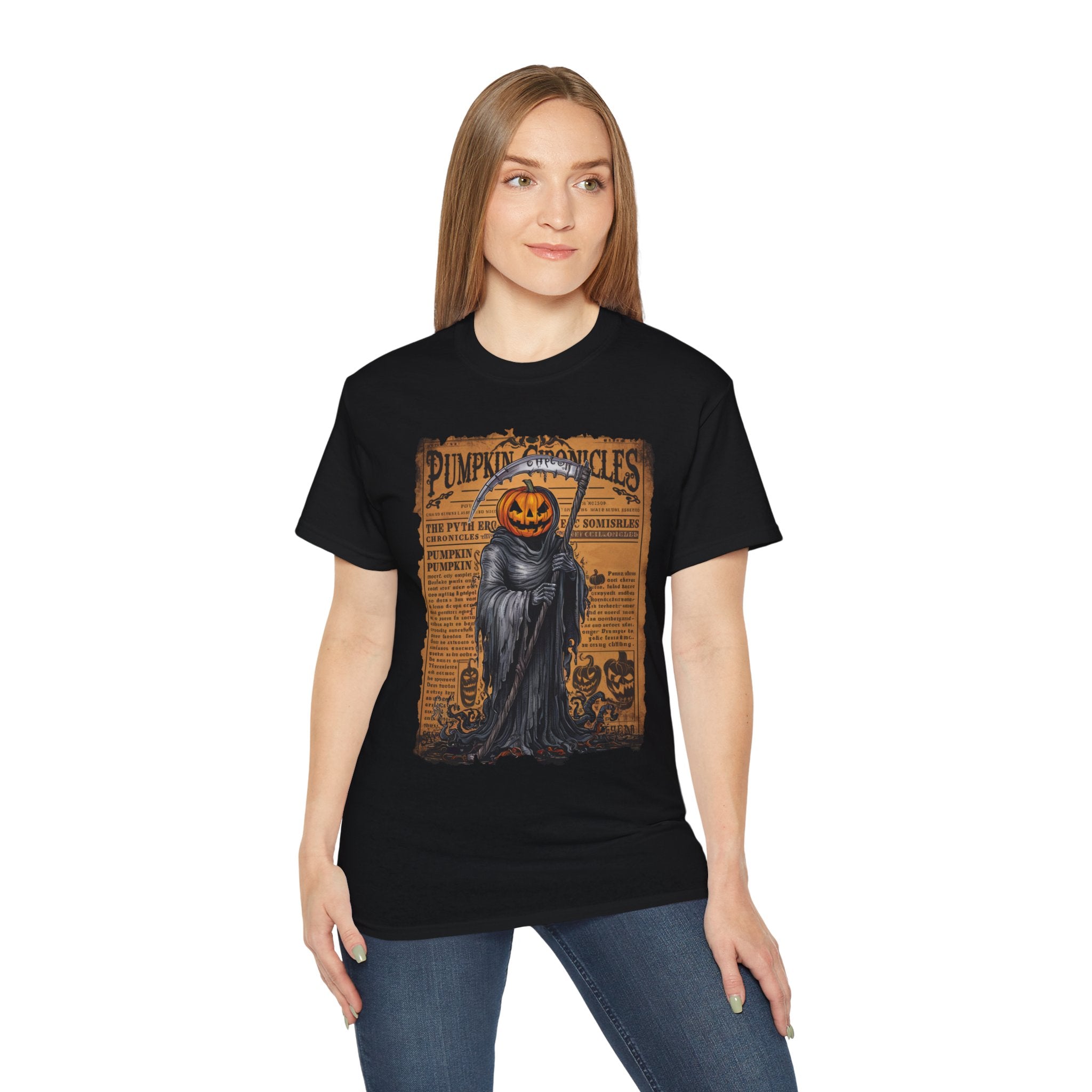 Pumpkin Chronicles Grim Reaper T-Shirt – Halloween Pumpkin Head Scythe Design