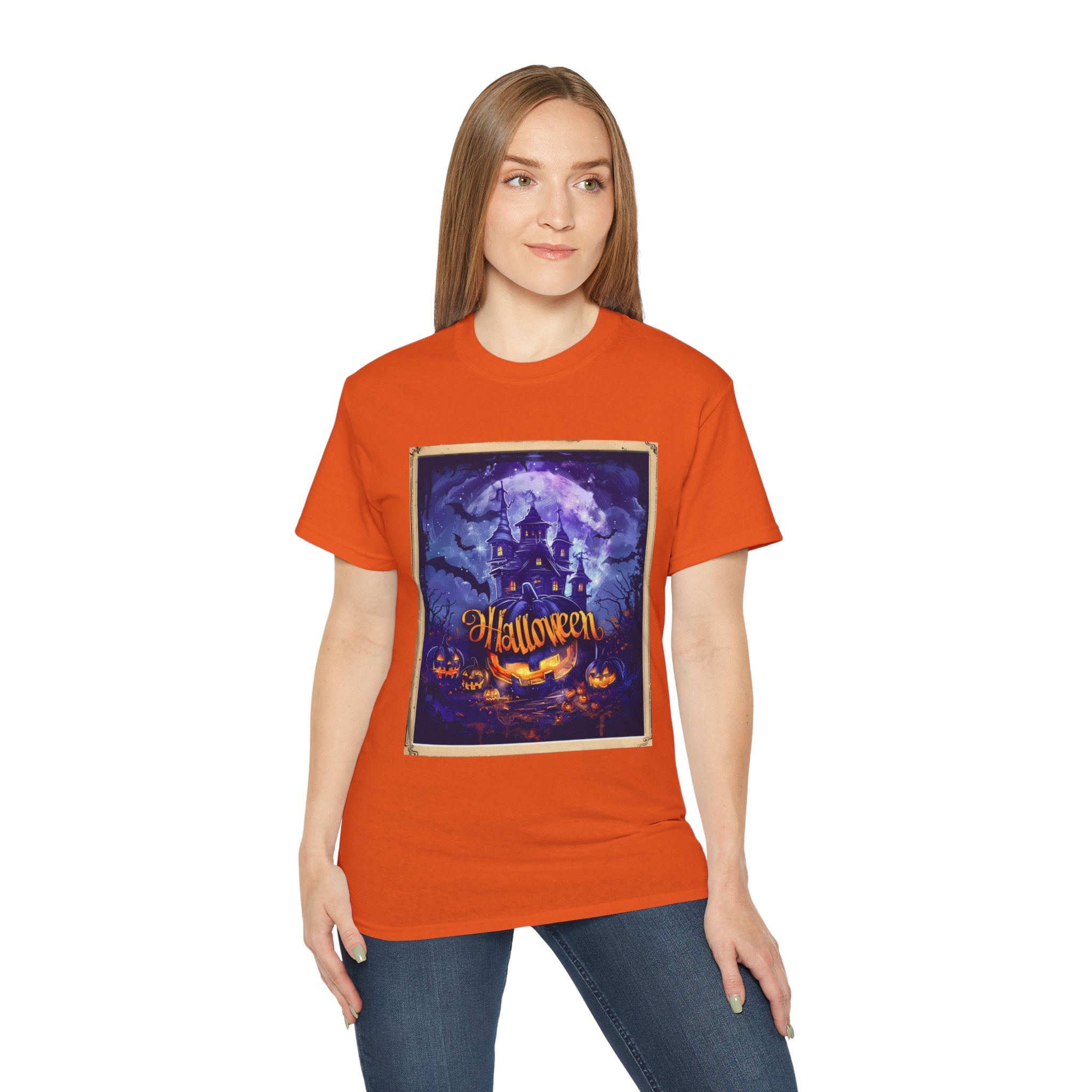 Halloween Haunted House T-Shirt – Spooky Moonlit Mansion & Pumpkins