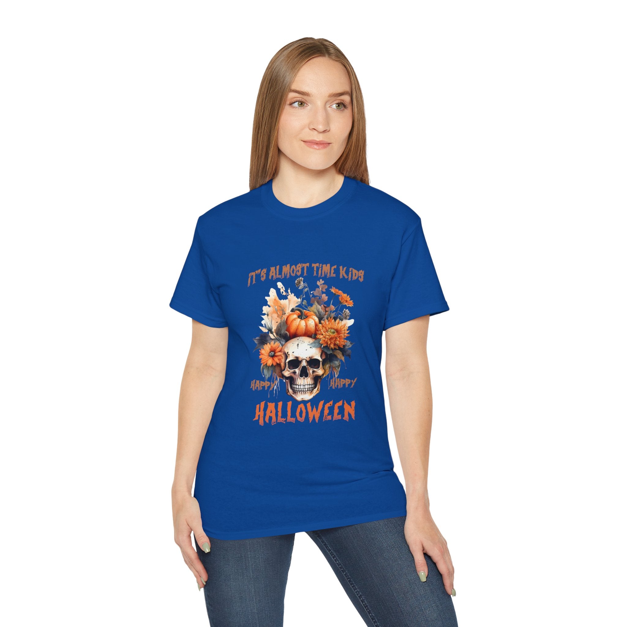 Happy Happy Halloween Skull & Pumpkin T-Shirt – Fall Floral Halloween Design