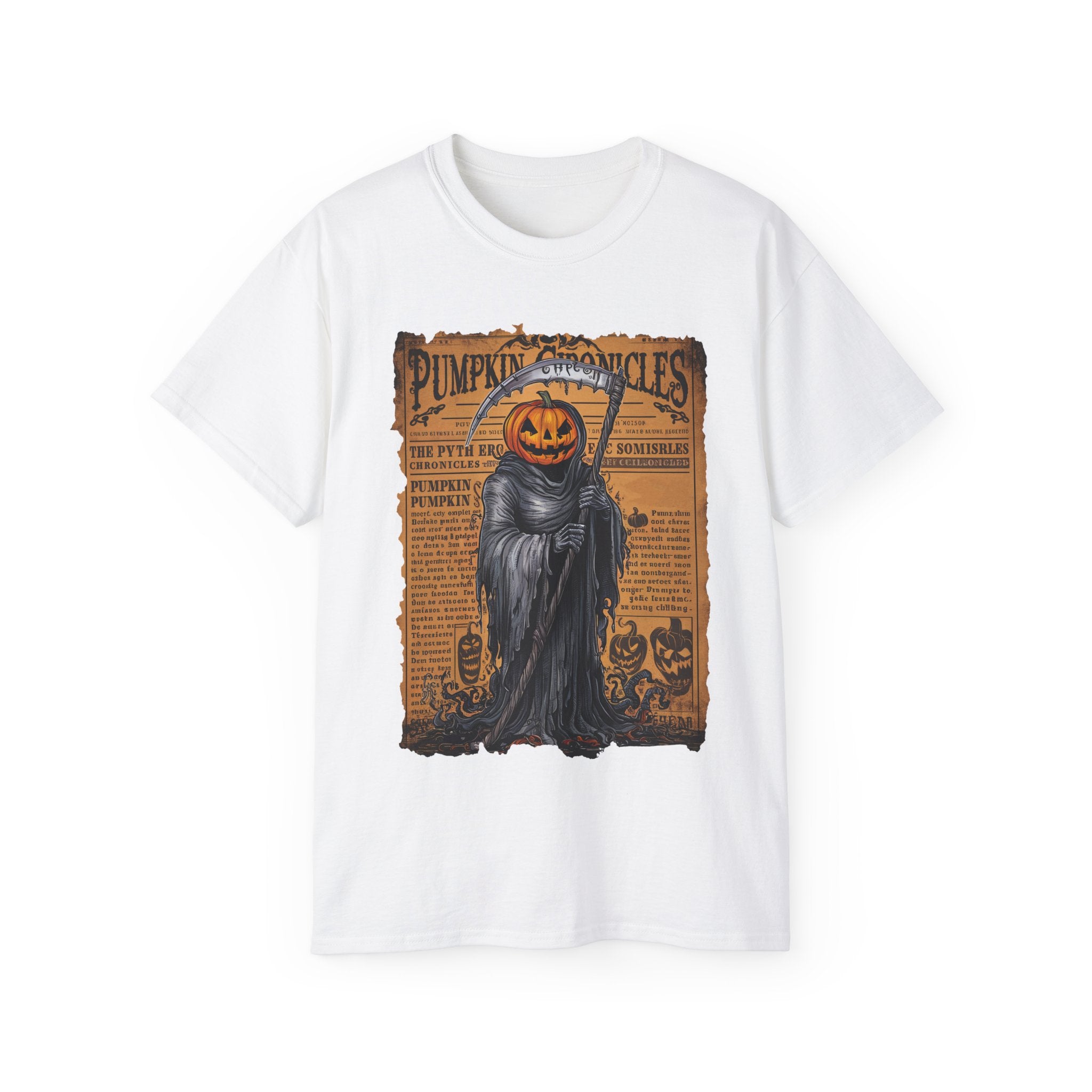 Pumpkin Chronicles Grim Reaper T-Shirt – Halloween Pumpkin Head Scythe Design