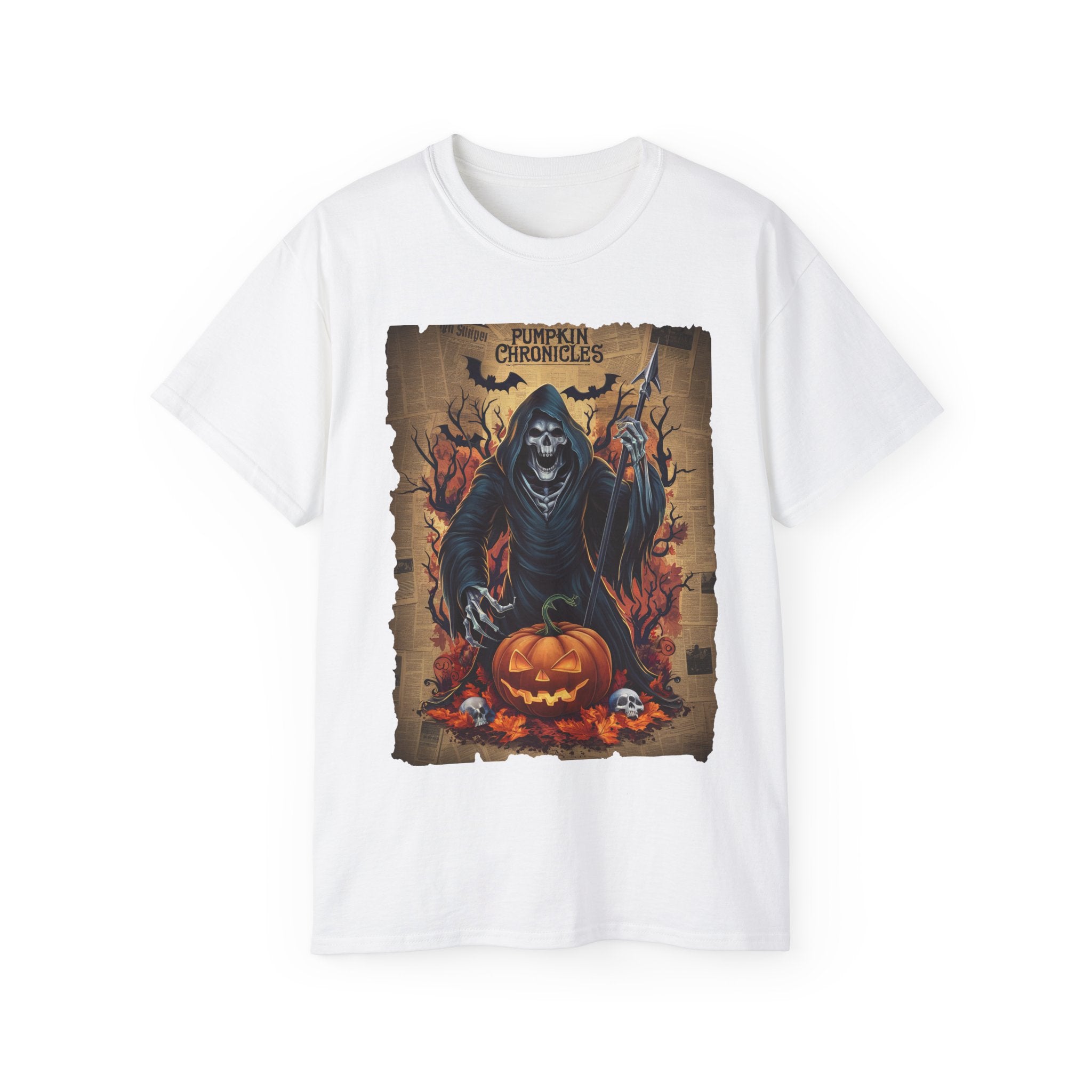 Pumpkin Chronicles Grim Reaper T-Shirt – Halloween Scythe & Pumpkin Skull Design