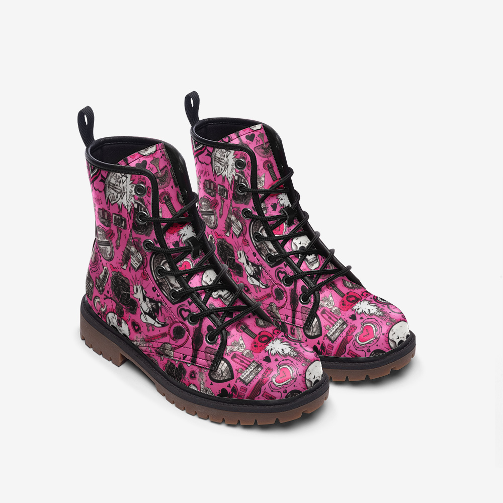 Edgy Pink Skull Vegan Combat Boots – Bold, Eco-Friendly Style