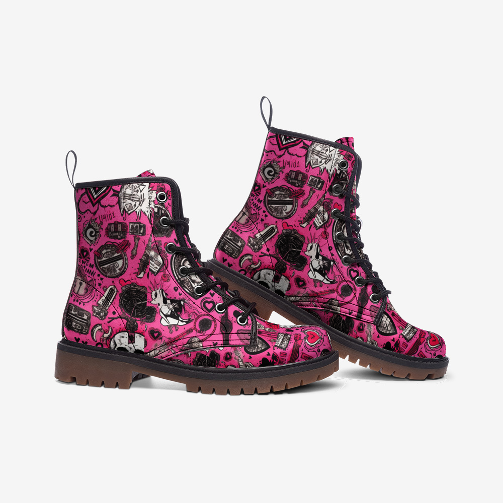 Edgy Pink Skull Vegan Combat Boots – Bold, Eco-Friendly Style